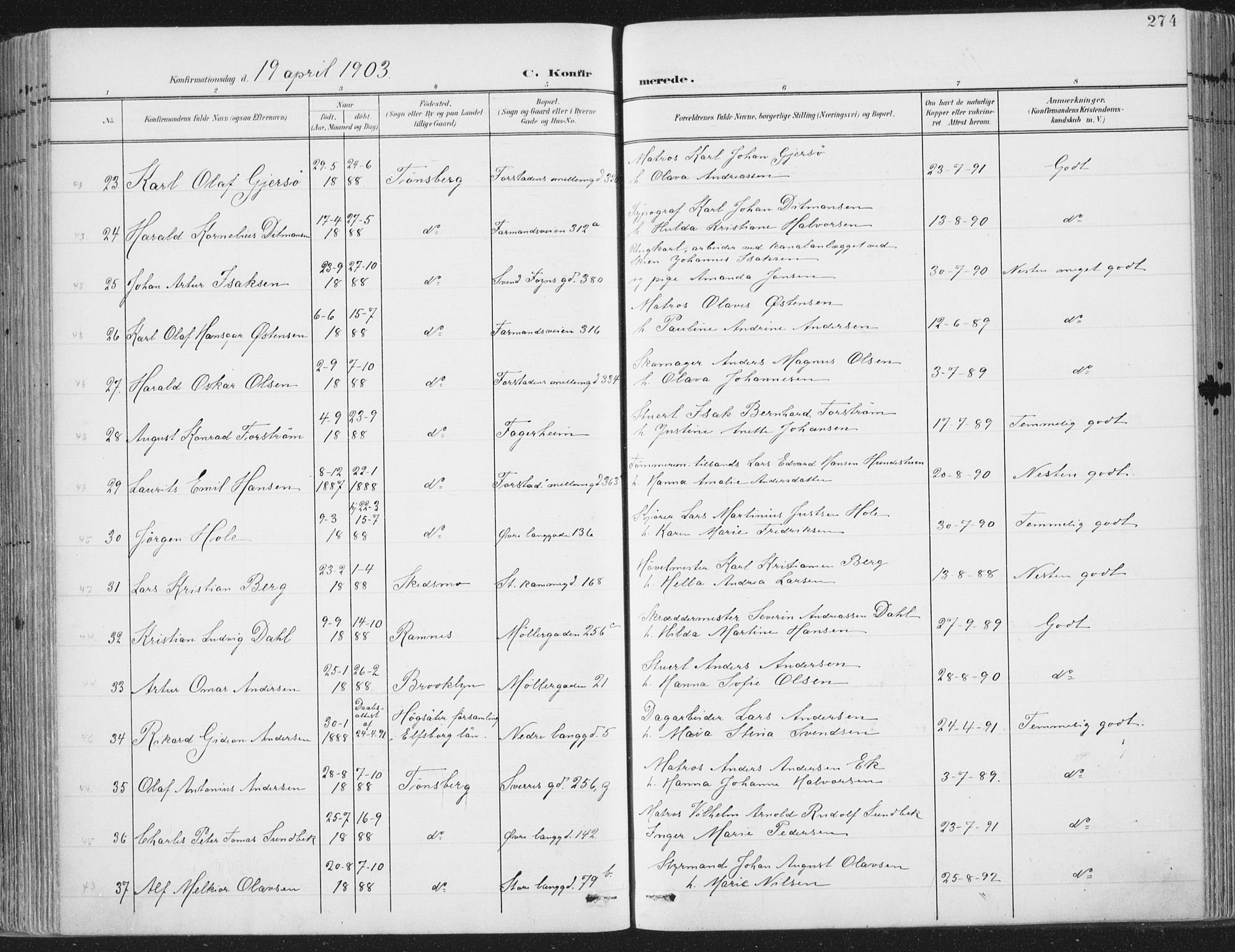 Tønsberg kirkebøker, SAKO/A-330/F/Fa/L0014: Parish register (official) no. I 14, 1900-1913, p. 274