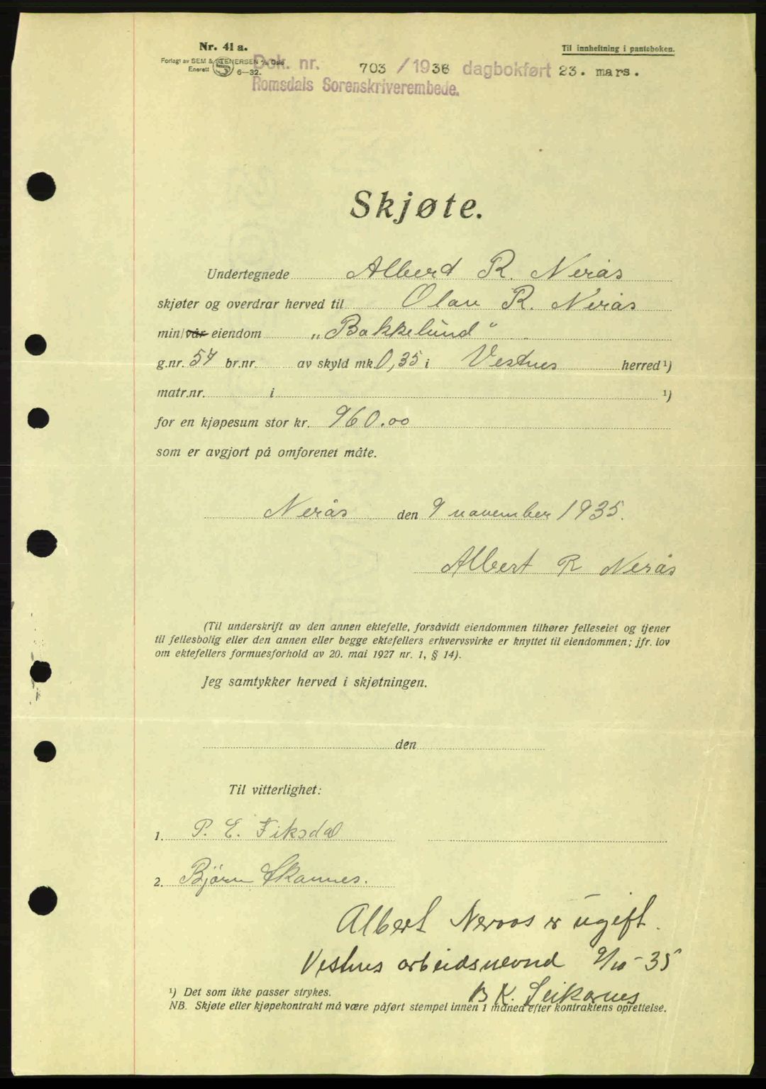 Romsdal sorenskriveri, AV/SAT-A-4149/1/2/2C: Mortgage book no. A1, 1936-1936, Diary no: : 703/1936