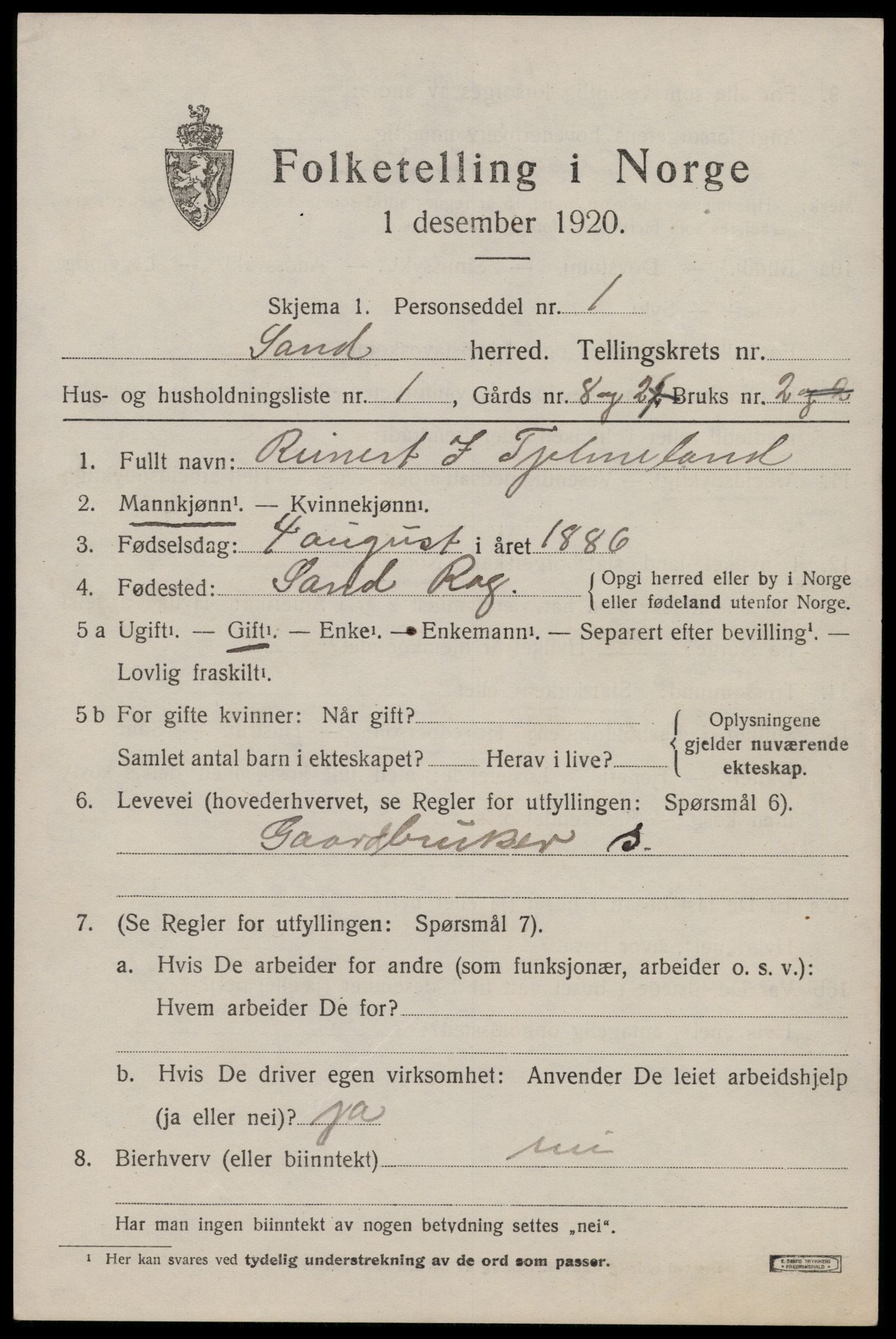 SAST, 1920 census for Sand, 1920, p. 789