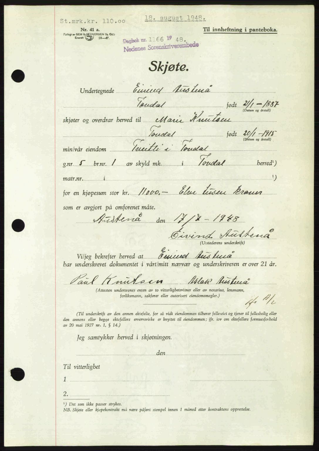 Nedenes sorenskriveri, AV/SAK-1221-0006/G/Gb/Gba/L0059: Mortgage book no. A11, 1948-1948, Diary no: : 1166/1948