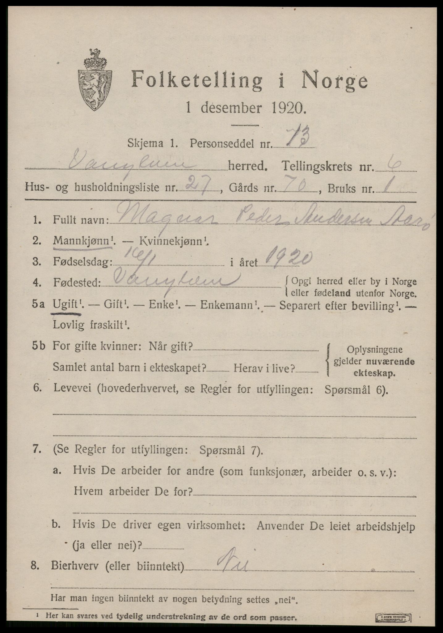 SAT, 1920 census for Vanylven, 1920, p. 3691