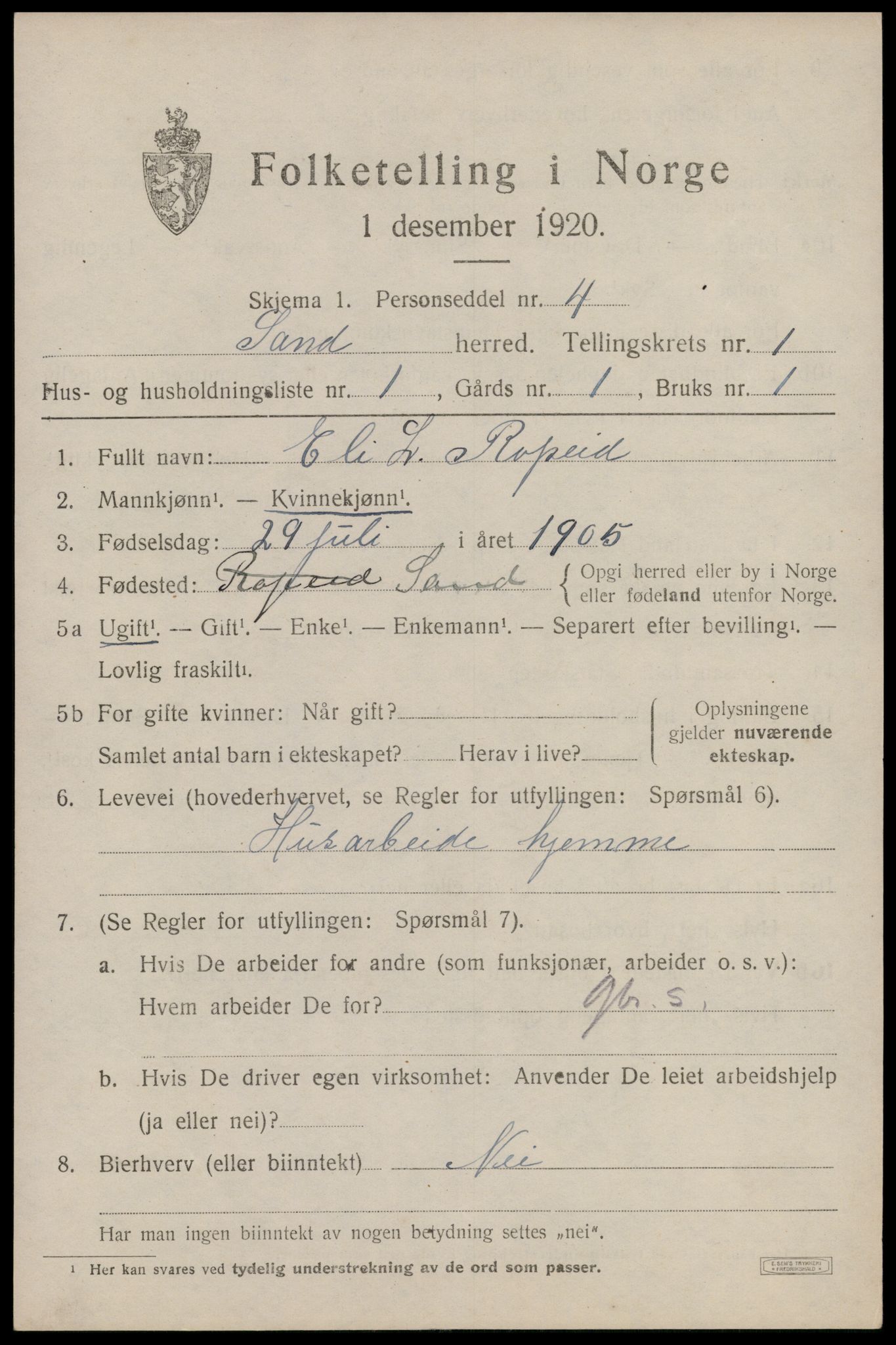 SAST, 1920 census for Sand, 1920, p. 599