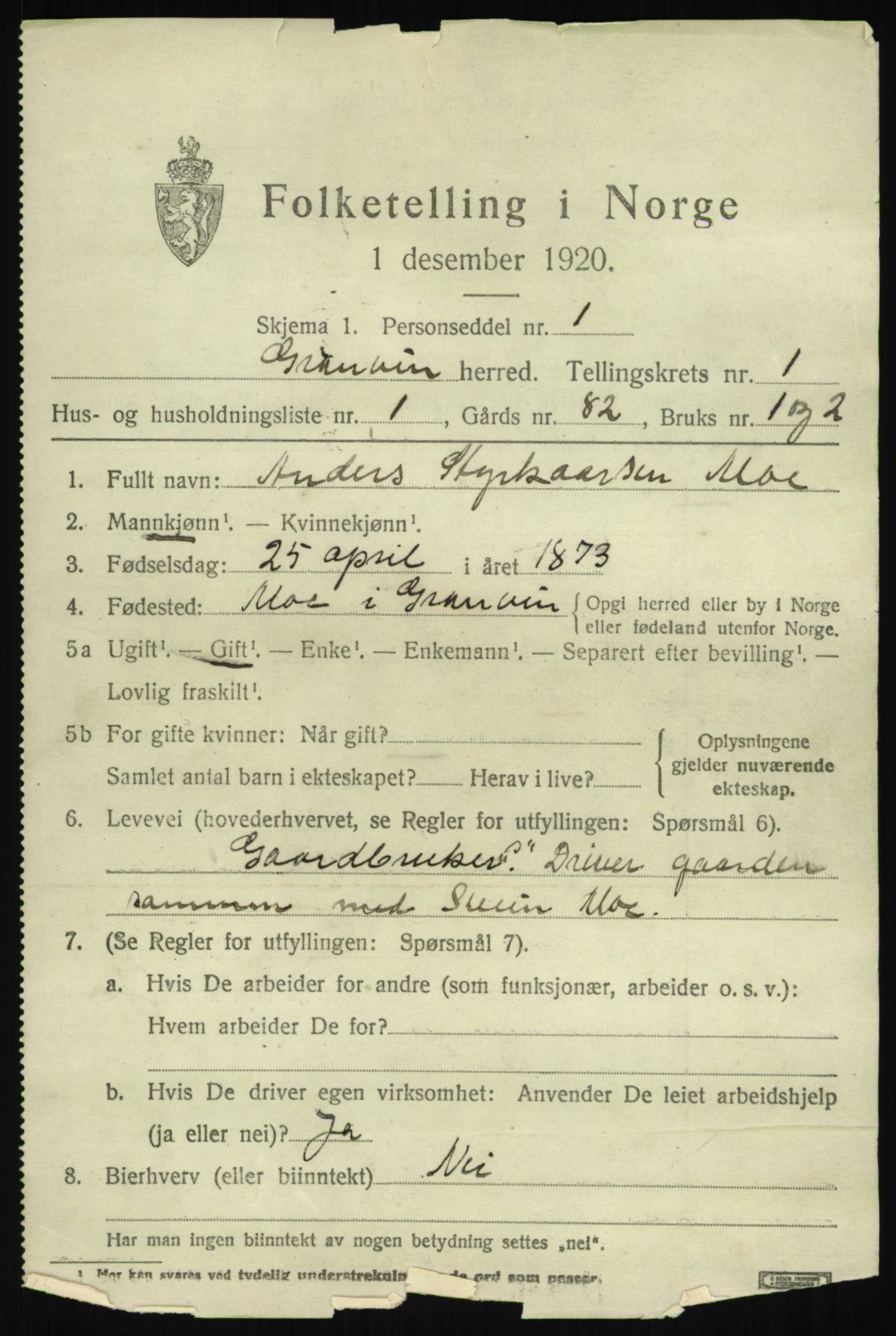 SAB, 1920 census for Granvin, 1920, p. 466