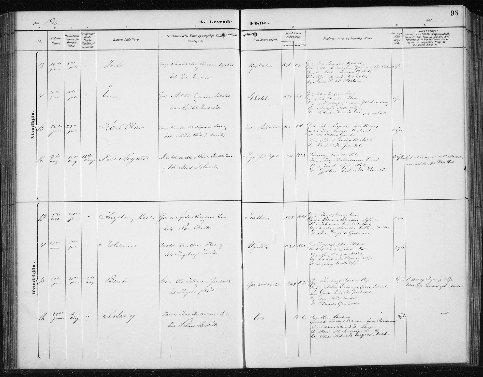 Ministerialprotokoller, klokkerbøker og fødselsregistre - Sør-Trøndelag, AV/SAT-A-1456/674/L0876: Parish register (copy) no. 674C03, 1892-1912, p. 98