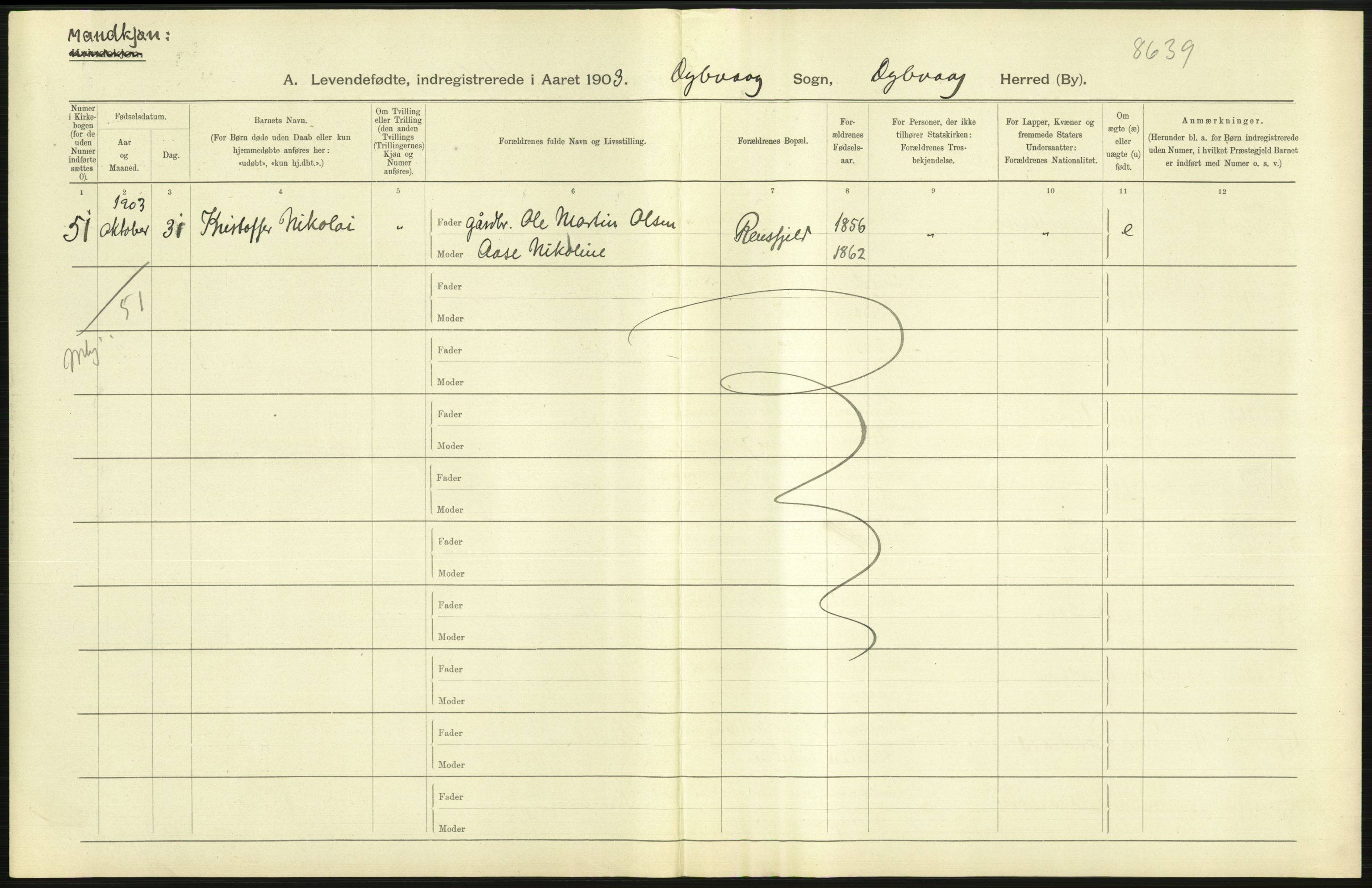 Statistisk sentralbyrå, Sosiodemografiske emner, Befolkning, AV/RA-S-2228/D/Df/Dfa/Dfaa/L0010: Nedenes amt: Fødte, gifte, døde, 1903, p. 7