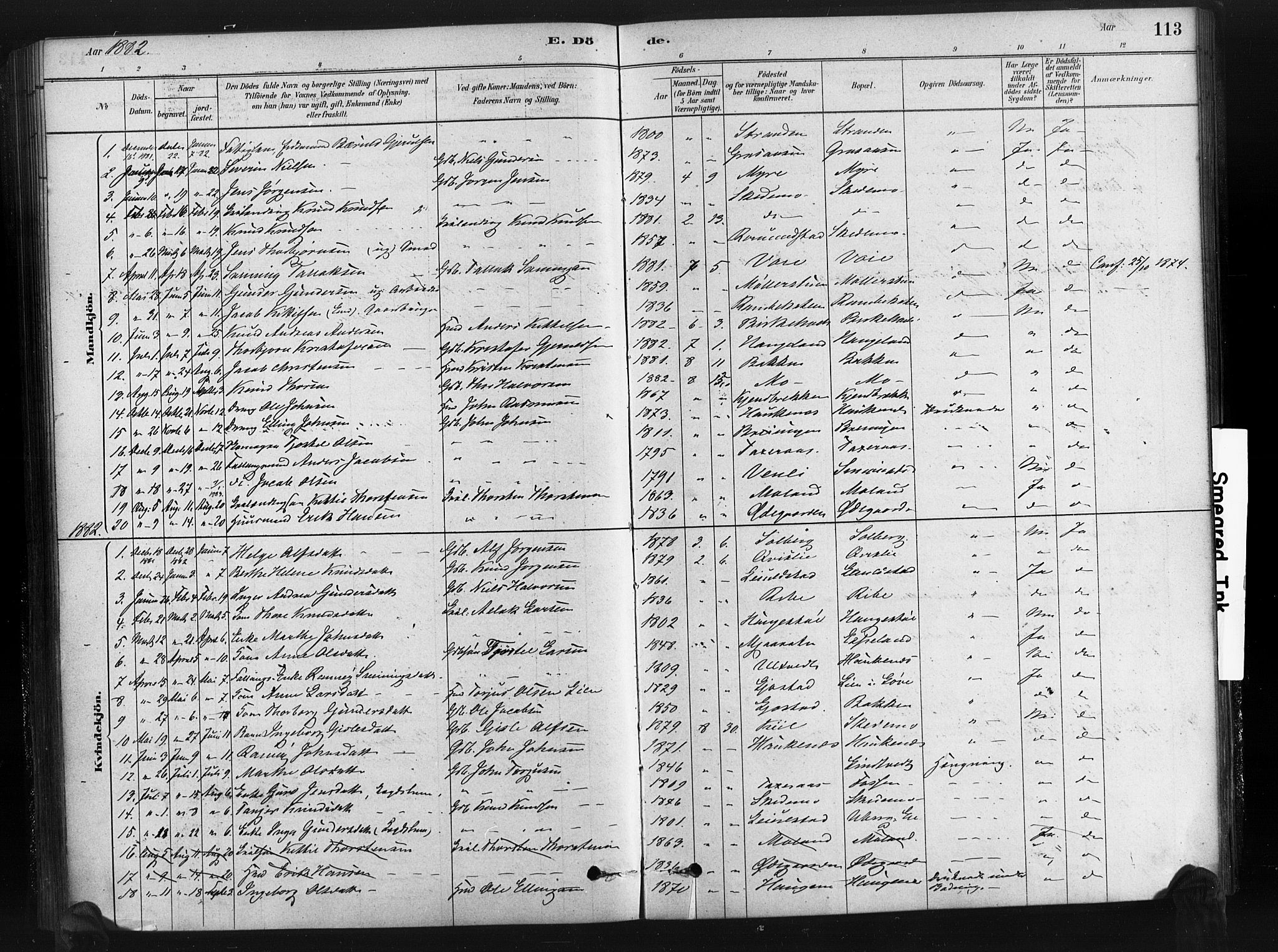 Gjerstad sokneprestkontor, SAK/1111-0014/F/Fa/Fab/L0004: Parish register (official) no. A 4, 1879-1890, p. 113