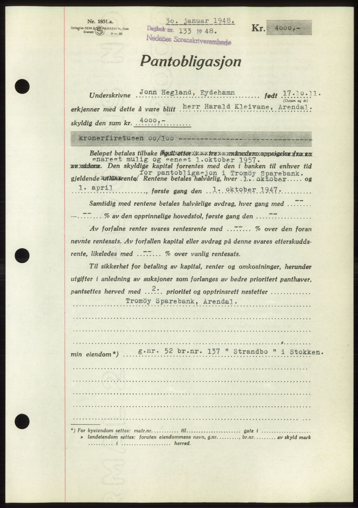 Nedenes sorenskriveri, AV/SAK-1221-0006/G/Gb/Gbb/L0005: Mortgage book no. B5, 1948-1948, Diary no: : 133/1948