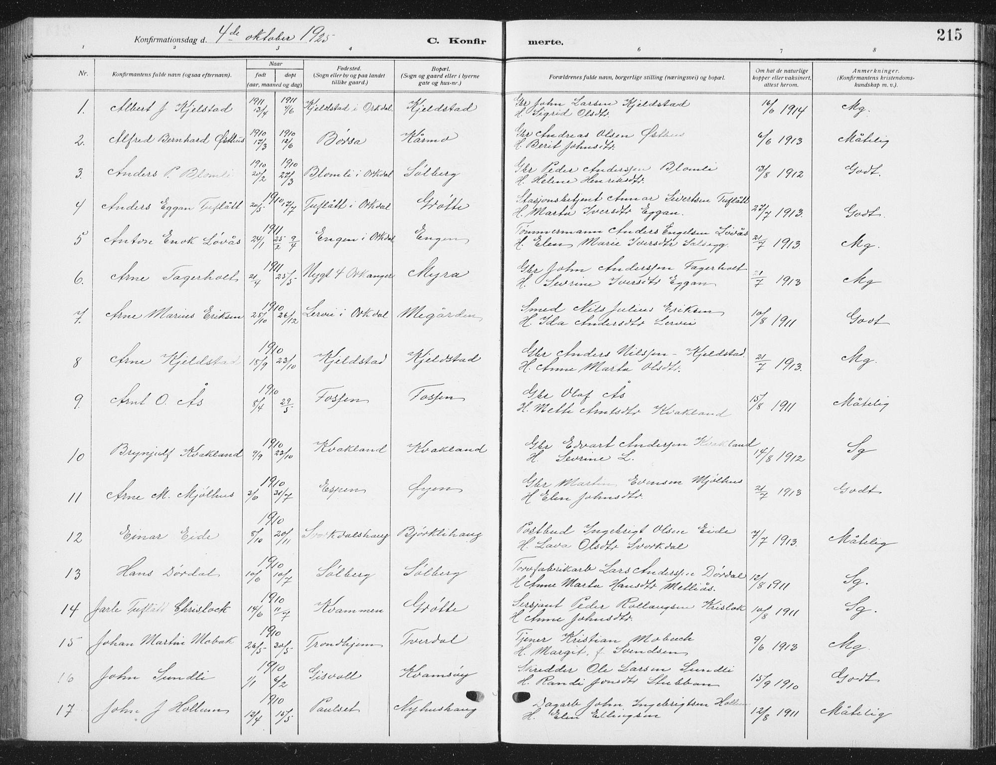 Ministerialprotokoller, klokkerbøker og fødselsregistre - Sør-Trøndelag, SAT/A-1456/668/L0820: Parish register (copy) no. 668C09, 1912-1936, p. 215