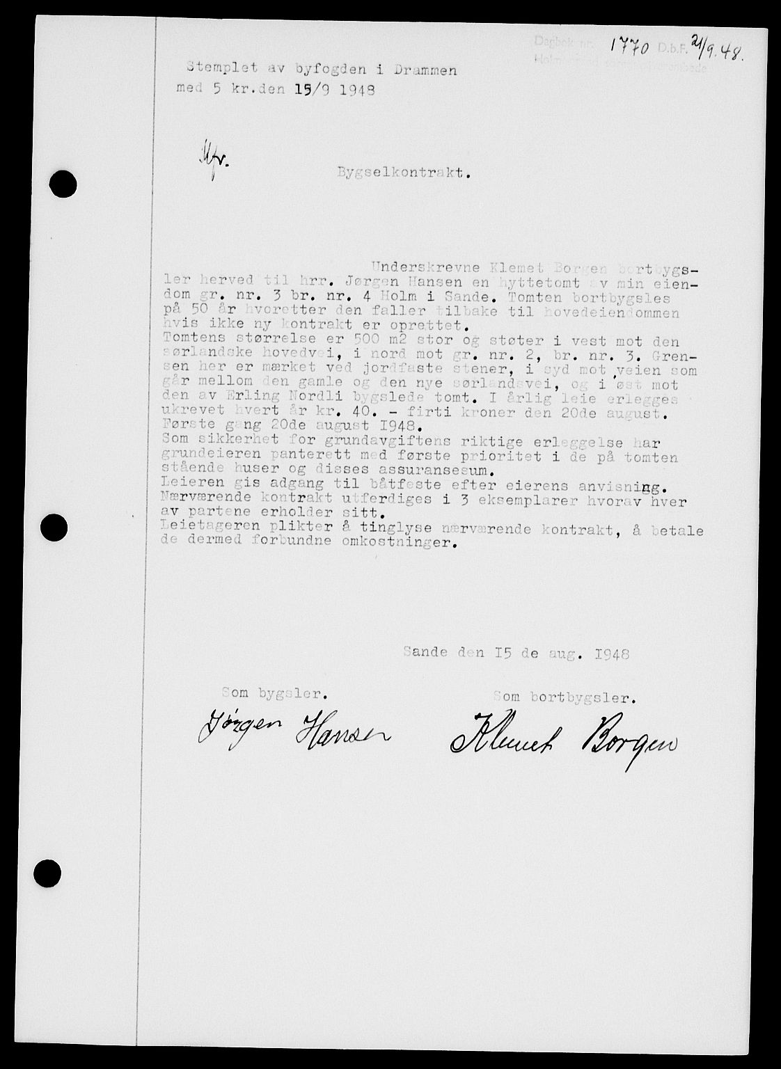 Holmestrand sorenskriveri, SAKO/A-67/G/Ga/Gaa/L0064: Mortgage book no. A-64, 1948-1948, Diary no: : 1770/1948
