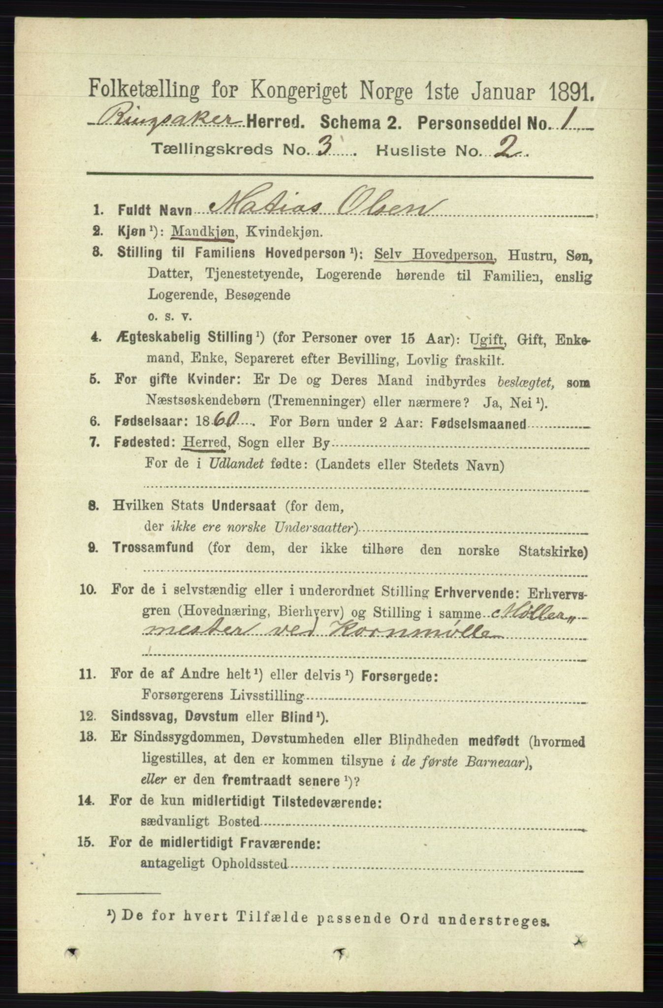 RA, 1891 census for 0412 Ringsaker, 1891, p. 1253