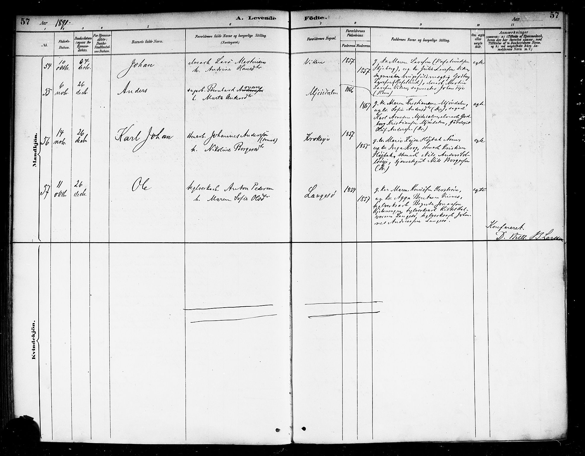 Nedre Eiker kirkebøker, AV/SAKO-A-612/F/Fa/L0003: Parish register (official) no. 3, 1885-1892, p. 57