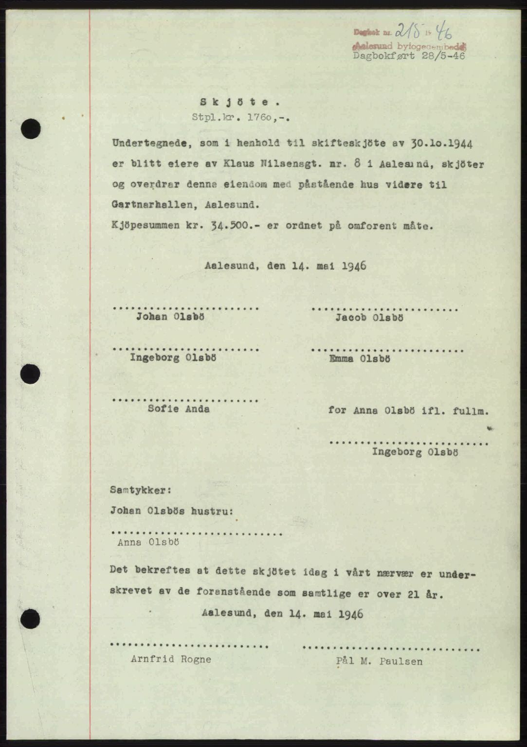 Ålesund byfogd, AV/SAT-A-4384: Mortgage book no. 36b, 1946-1947, Diary no: : 215/1946