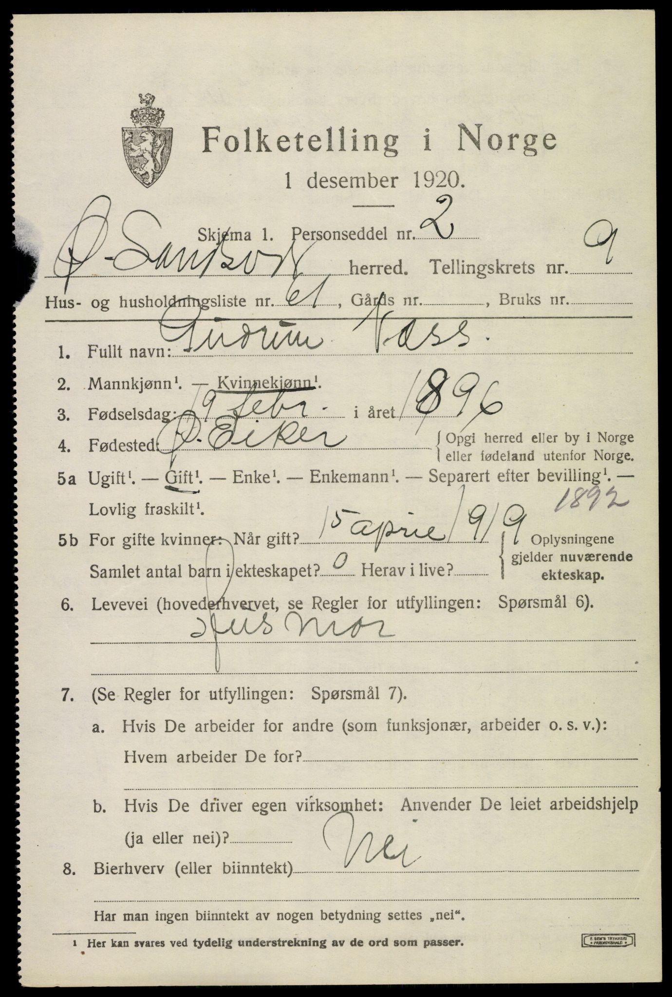 SAKO, 1920 census for Øvre Sandsvær, 1920, p. 5380