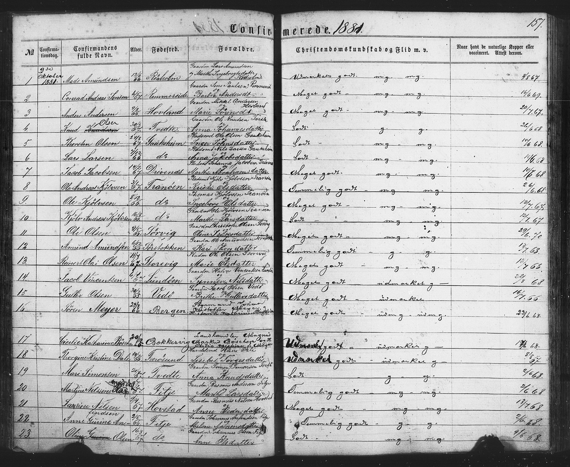 Fitjar sokneprestembete, AV/SAB-A-99926: Parish register (official) no. A 1, 1862-1881, p. 157