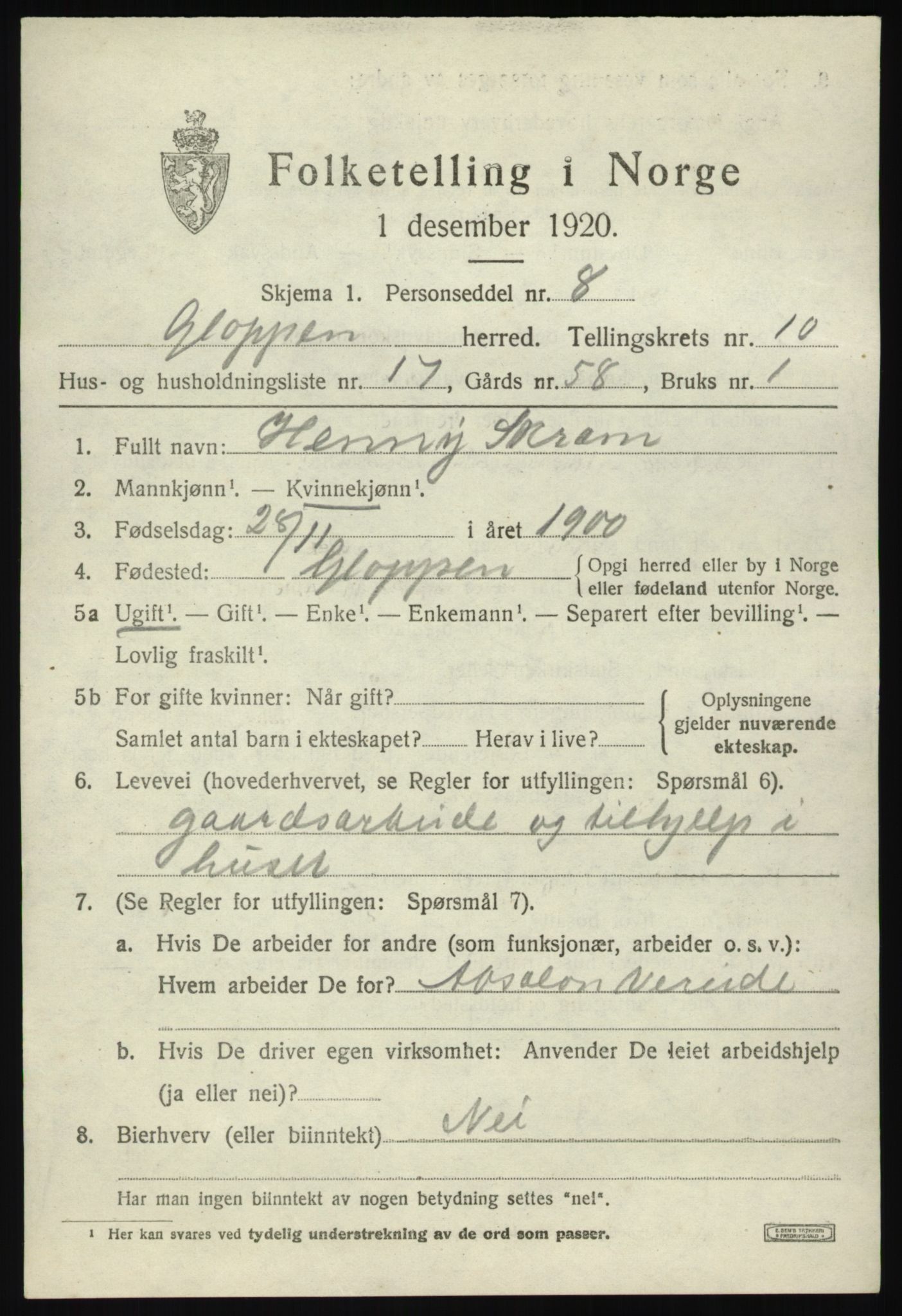 SAB, 1920 census for Gloppen, 1920, p. 5422