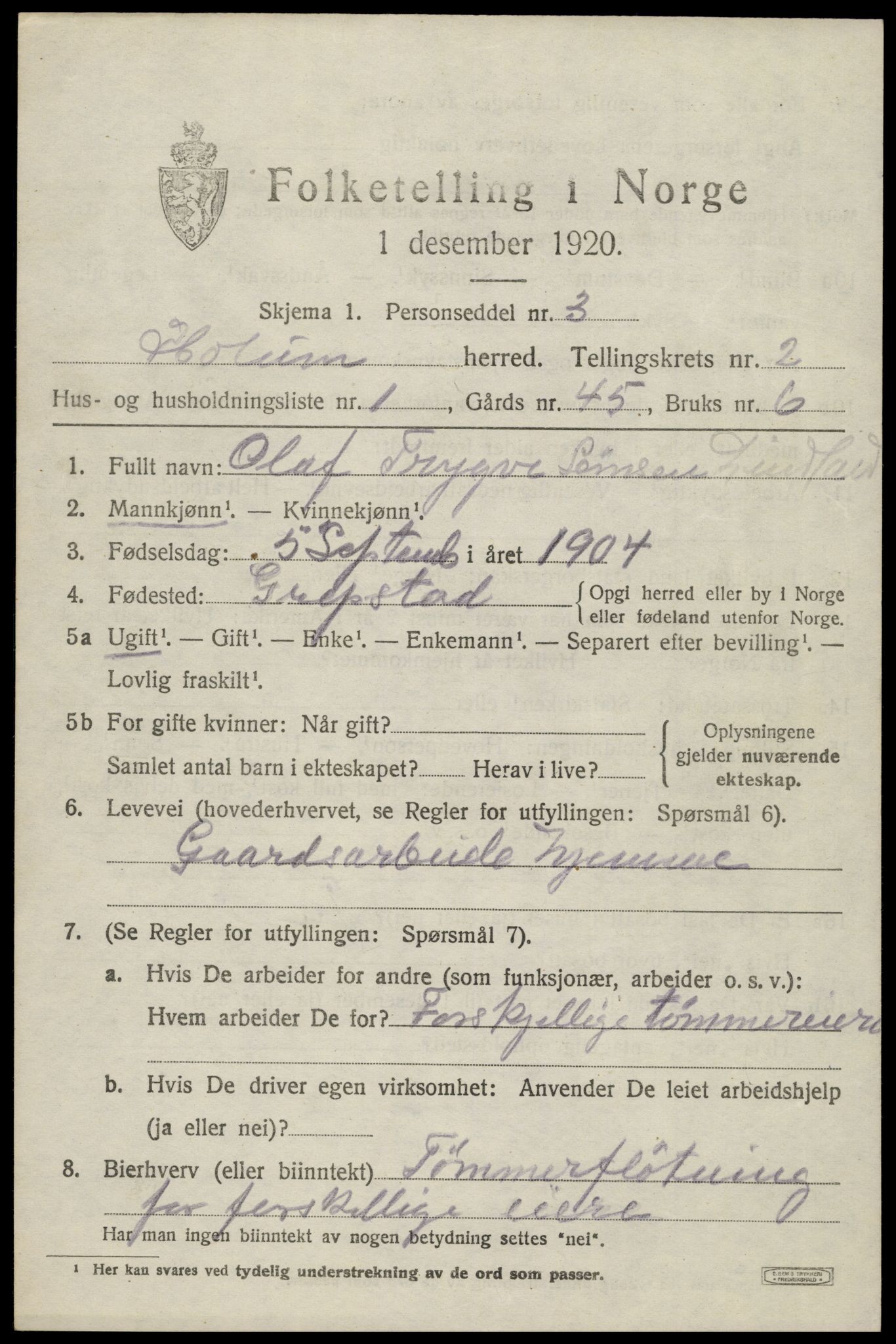 SAK, 1920 census for Holum, 1920, p. 1287