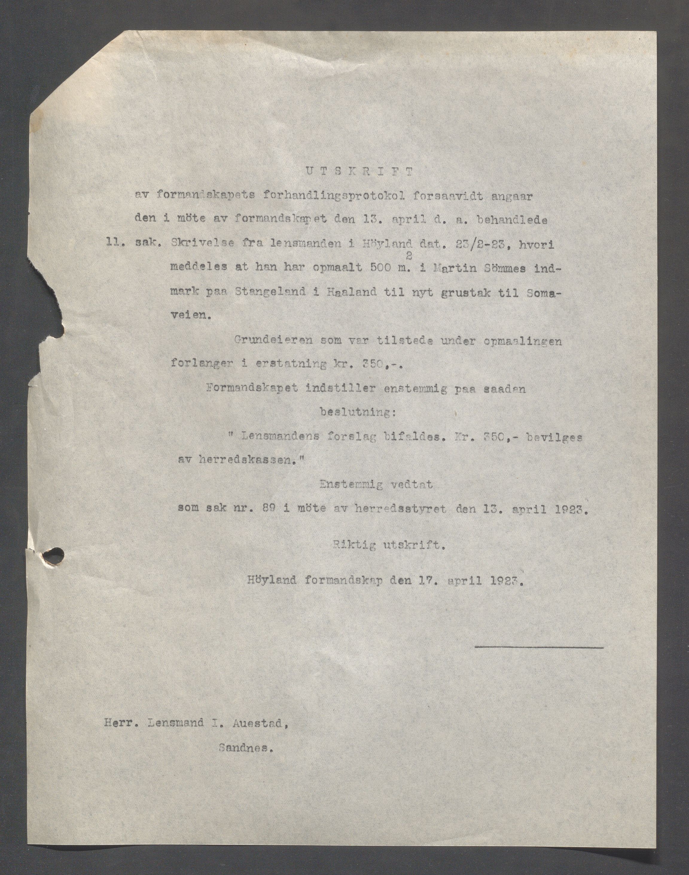 Høyland kommune - Formannskapet, IKAR/K-100046/B/L0006: Kopibok, 1920-1923, p. 10