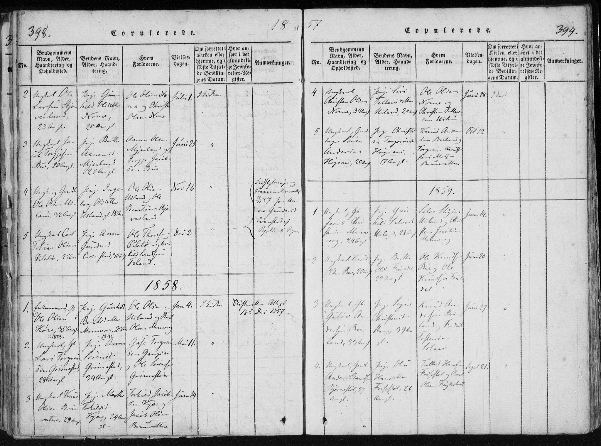 Holum sokneprestkontor, AV/SAK-1111-0022/F/Fa/Fac/L0002: Parish register (official) no. A 2, 1821-1859, p. 398-399