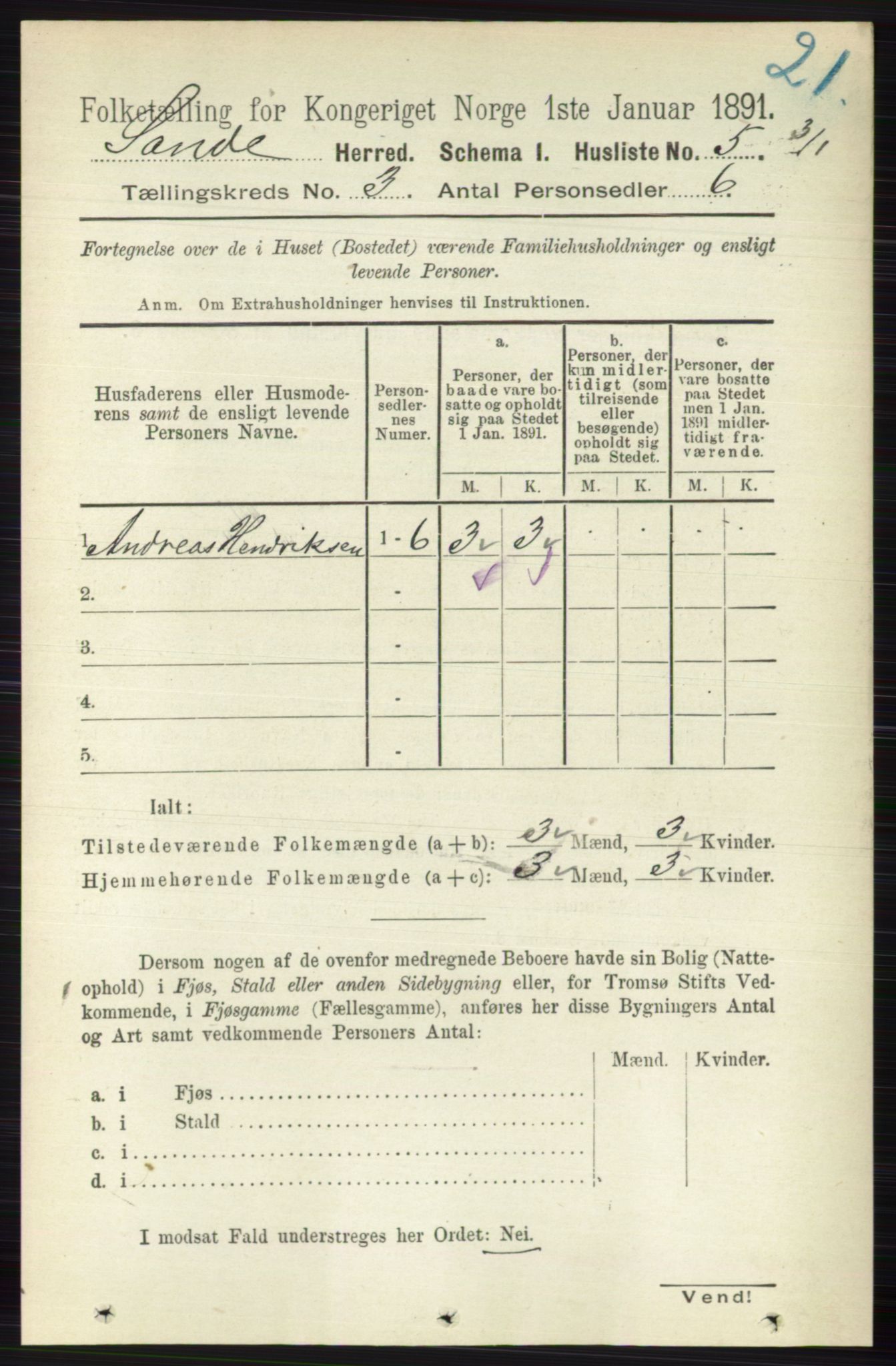 RA, 1891 census for 0713 Sande, 1891, p. 864