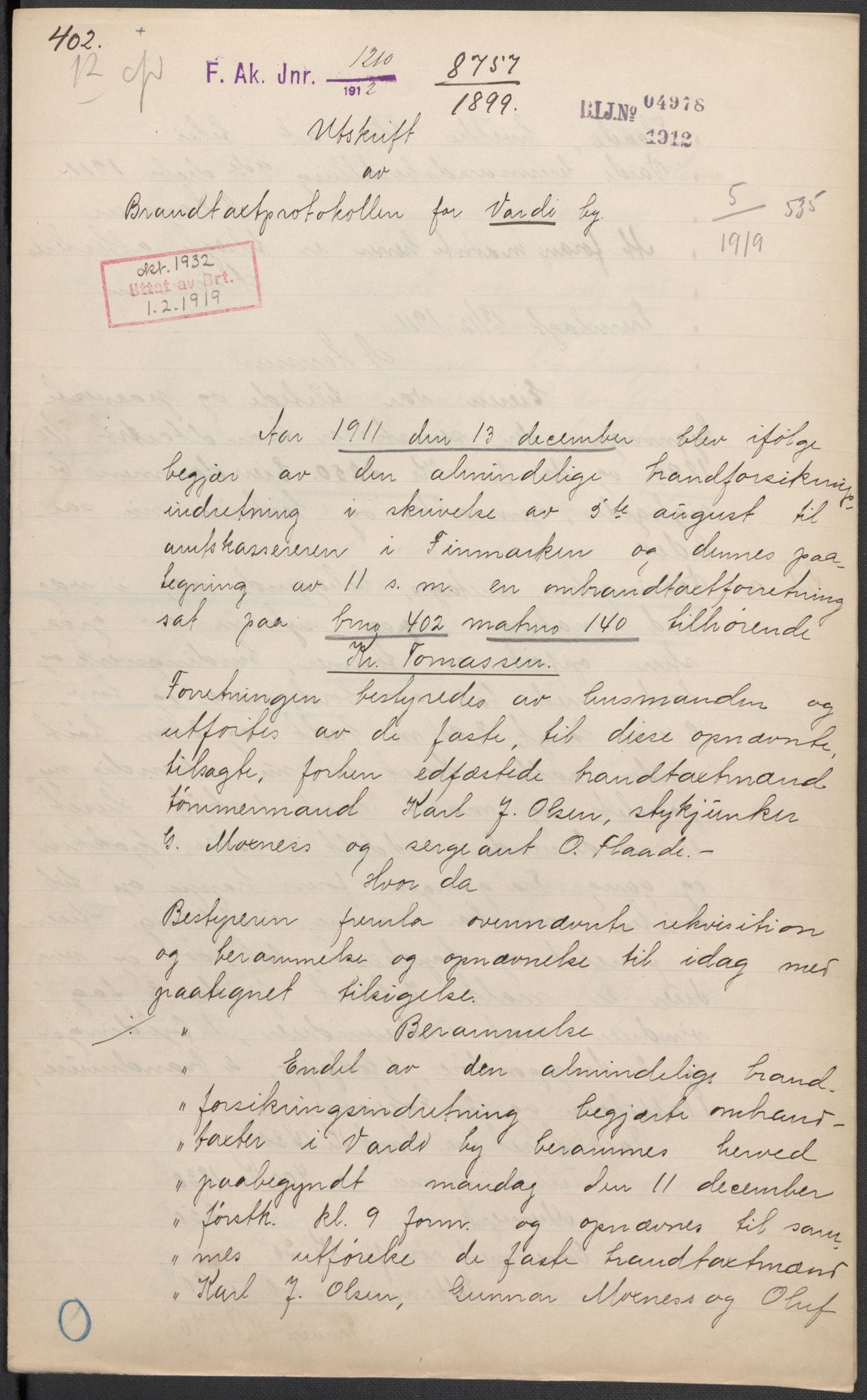 Norges Brannkasse, AV/RA-S-1549/E/Eu/L0019: Branntakster for Vardø by, 1889-1955, p. 27
