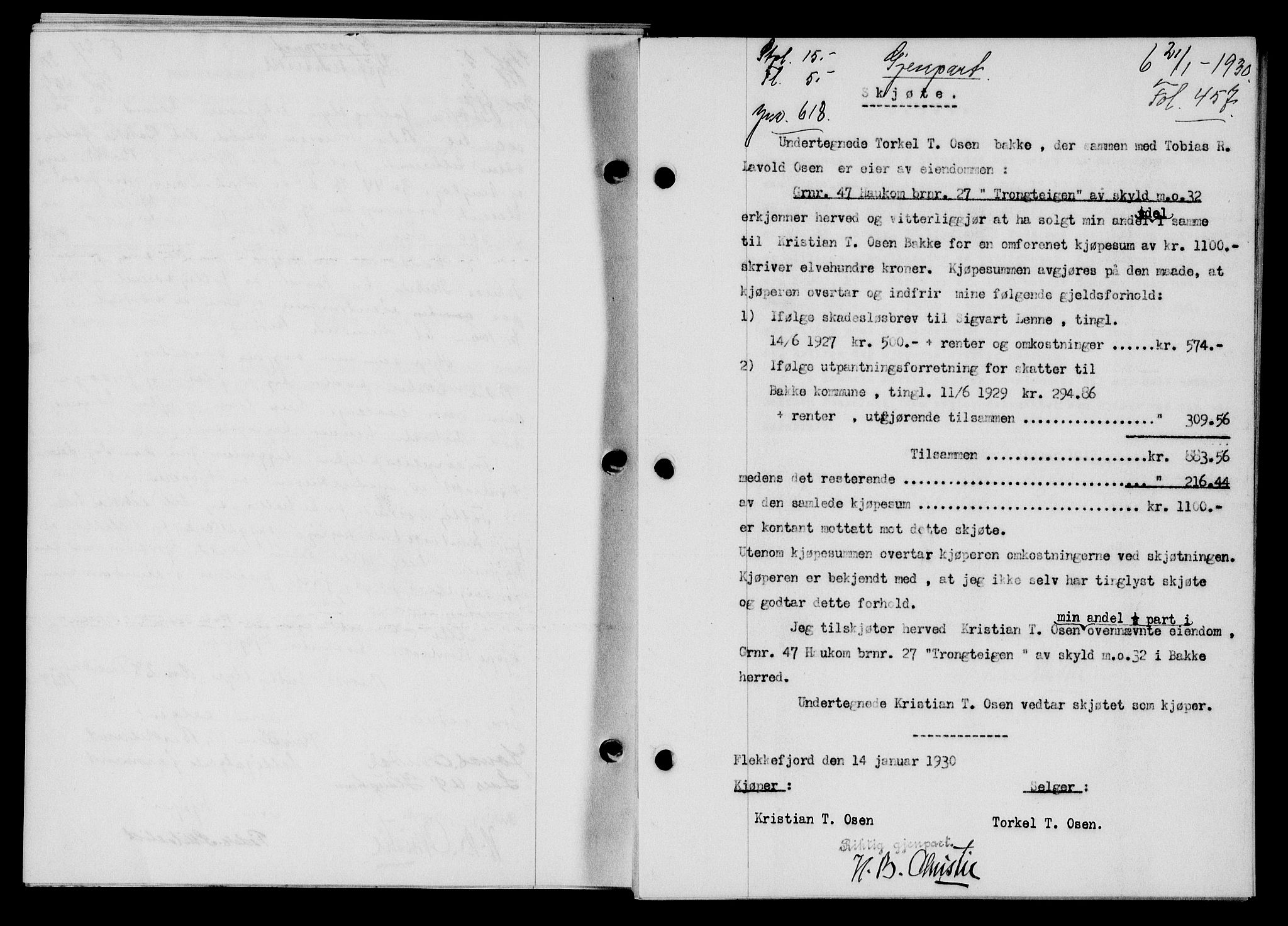 Flekkefjord sorenskriveri, SAK/1221-0001/G/Gb/Gba/L0045: Mortgage book no. 43, 1929-1930, Deed date: 21.01.1930
