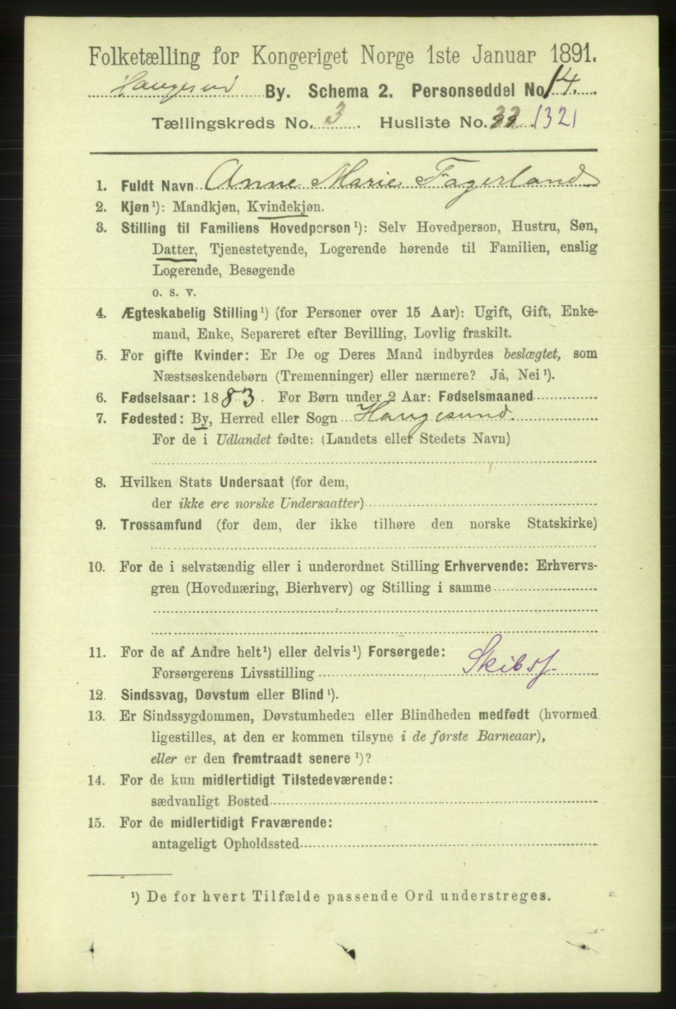 RA, 1891 census for 1106 Haugesund, 1891, p. 1150