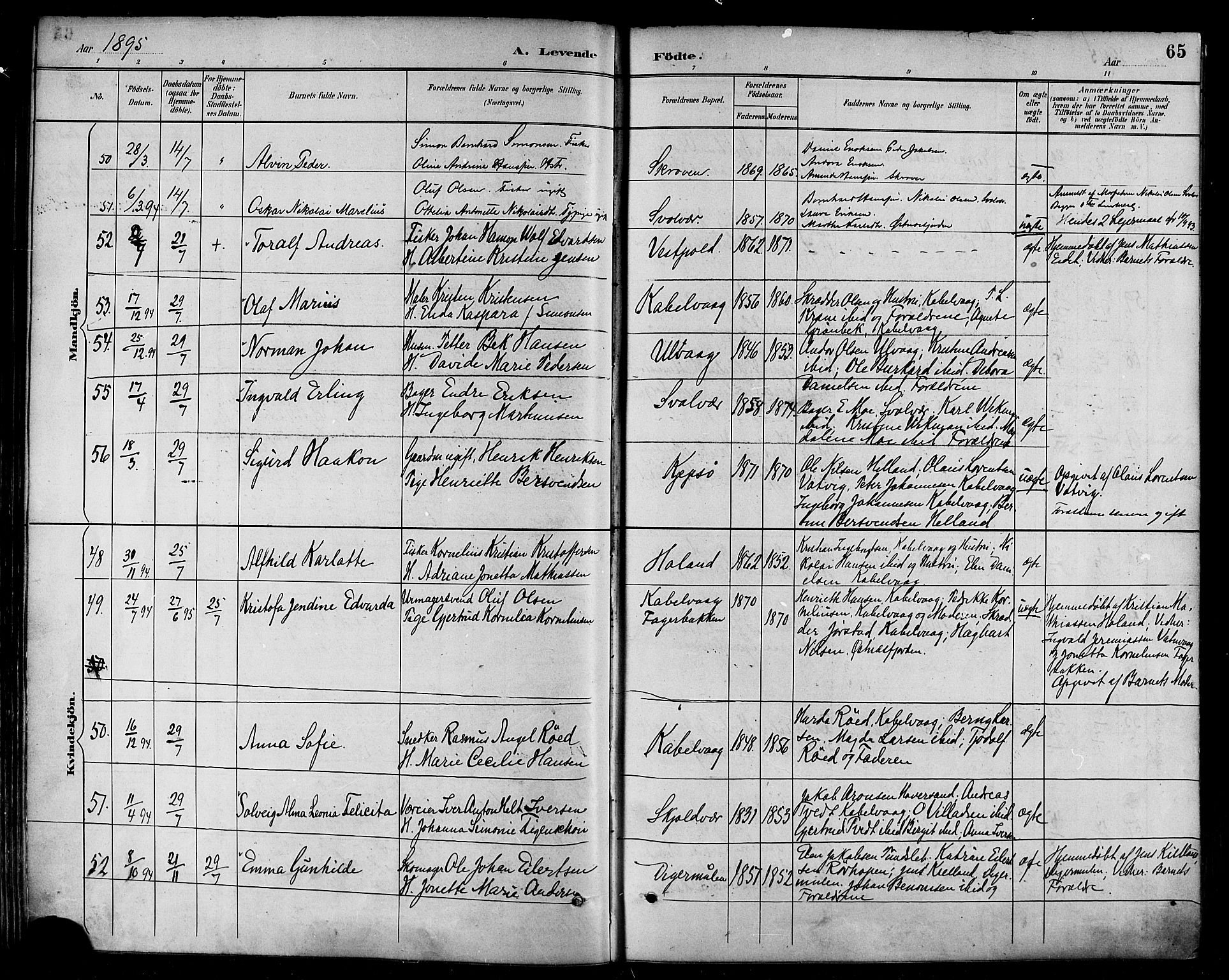 Ministerialprotokoller, klokkerbøker og fødselsregistre - Nordland, AV/SAT-A-1459/874/L1060: Parish register (official) no. 874A04, 1890-1899, p. 65