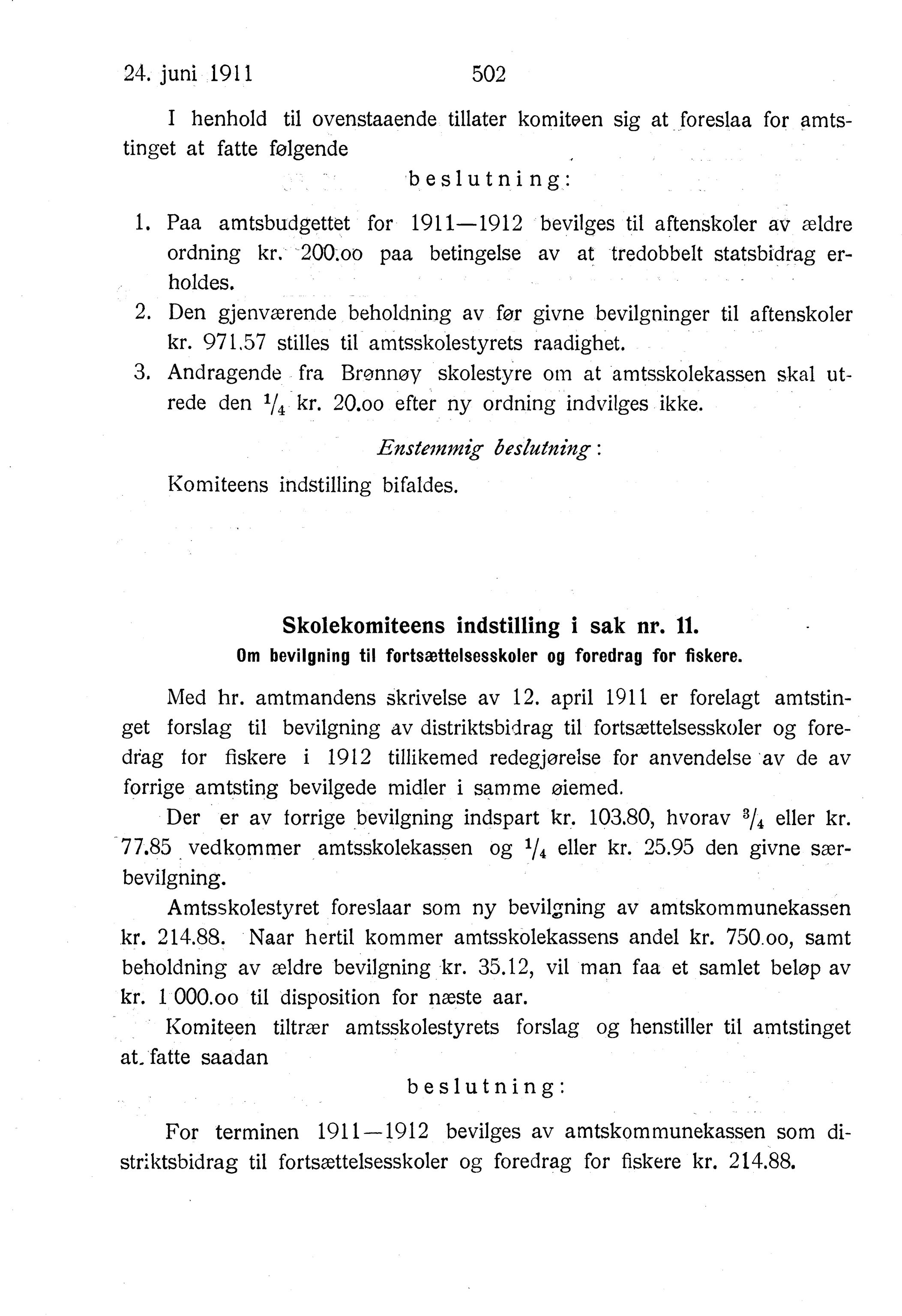 Nordland Fylkeskommune. Fylkestinget, AIN/NFK-17/176/A/Ac/L0034: Fylkestingsforhandlinger 1911, 1911