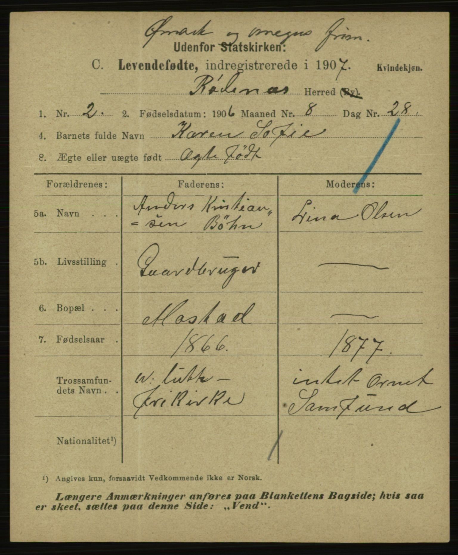 Statistisk sentralbyrå, Sosiodemografiske emner, Befolkning, AV/RA-S-2228/E/L0005: Fødte, gifte, døde dissentere., 1907, p. 9