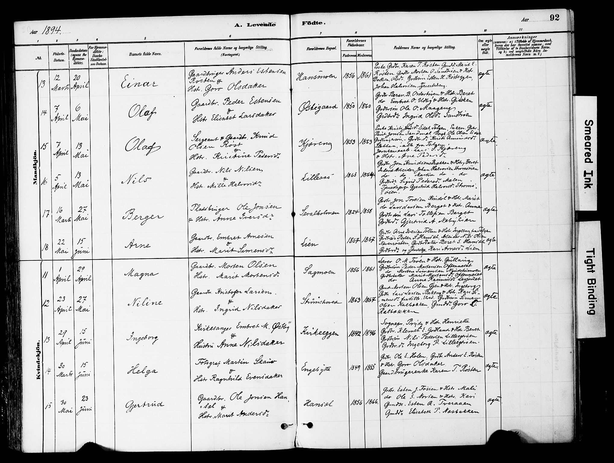 Tynset prestekontor, SAH/PREST-058/H/Ha/Haa/L0022: Parish register (official) no. 22, 1880-1899, p. 92