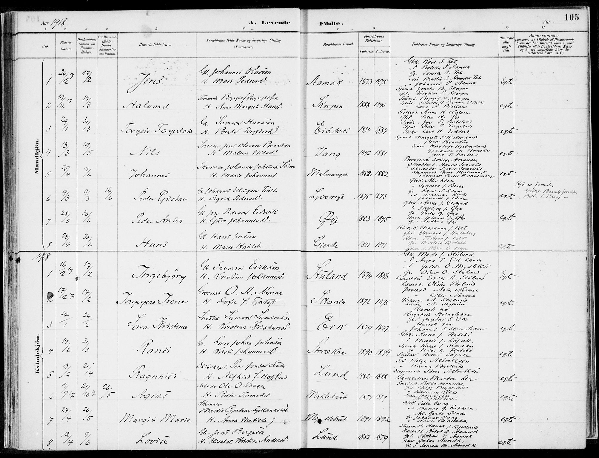Kvinnherad sokneprestembete, SAB/A-76401/H/Haa: Parish register (official) no. B  1, 1887-1921, p. 105