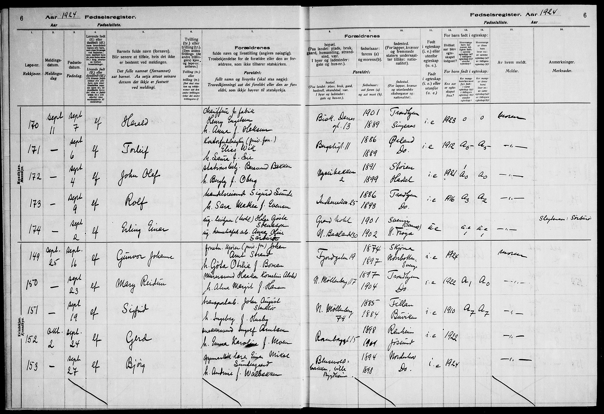 Ministerialprotokoller, klokkerbøker og fødselsregistre - Sør-Trøndelag, AV/SAT-A-1456/600/L0004: Birth register no. 600.II.4.3, 1924-1928, p. 6