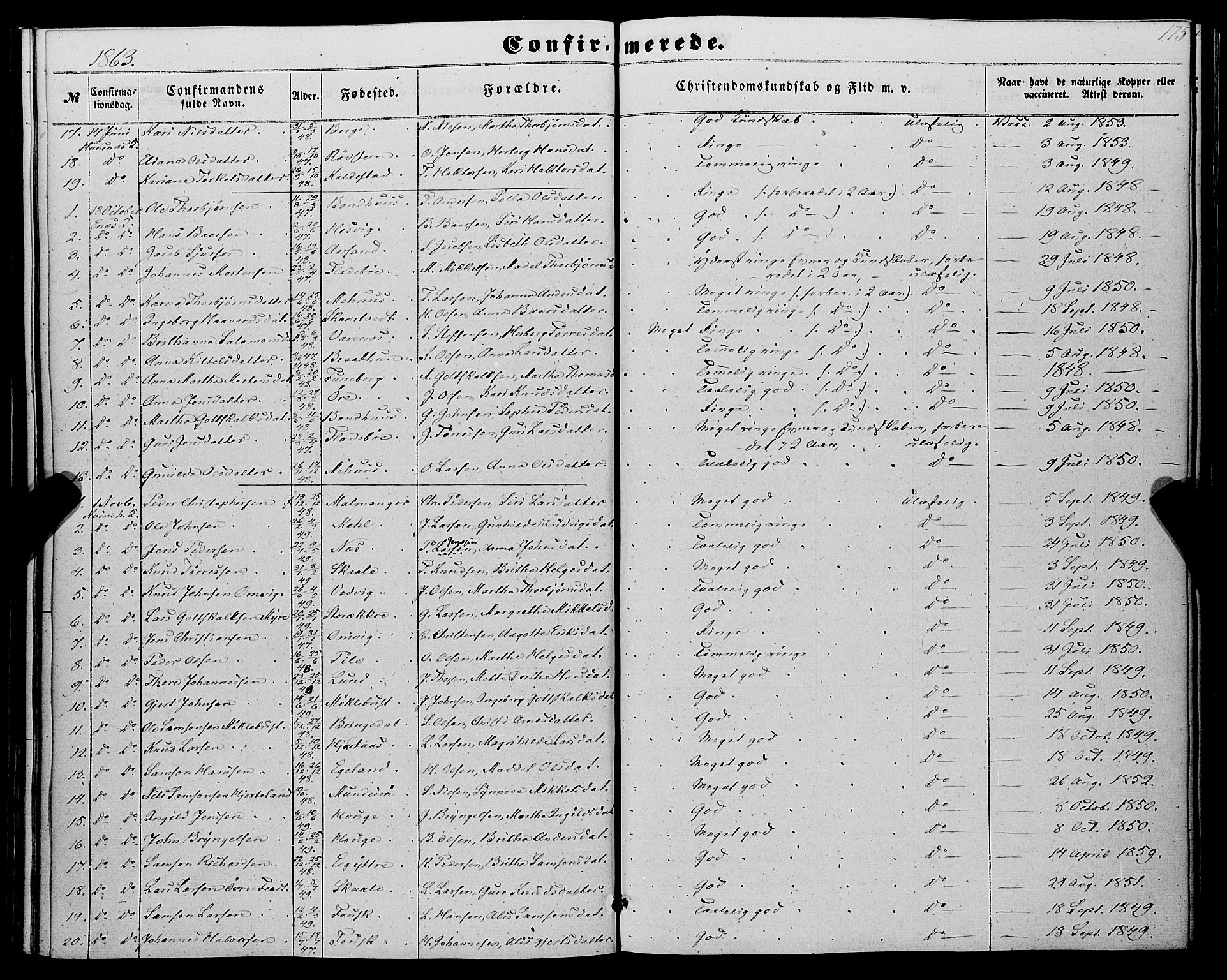 Kvinnherad sokneprestembete, AV/SAB-A-76401/H/Haa: Parish register (official) no. A 8, 1854-1872, p. 175