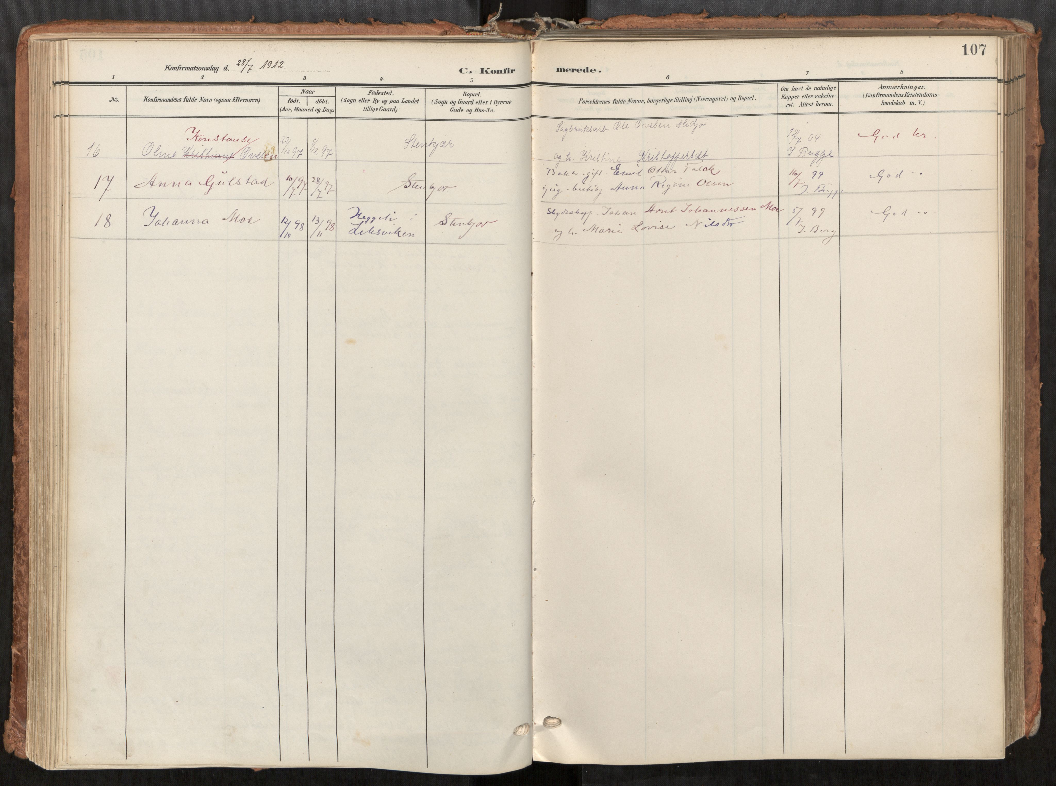 Steinkjer sokneprestkontor, AV/SAT-A-1541/01/H/Ha/Haa/L0001: Parish register (official) no. 1, 1904-1912, p. 107