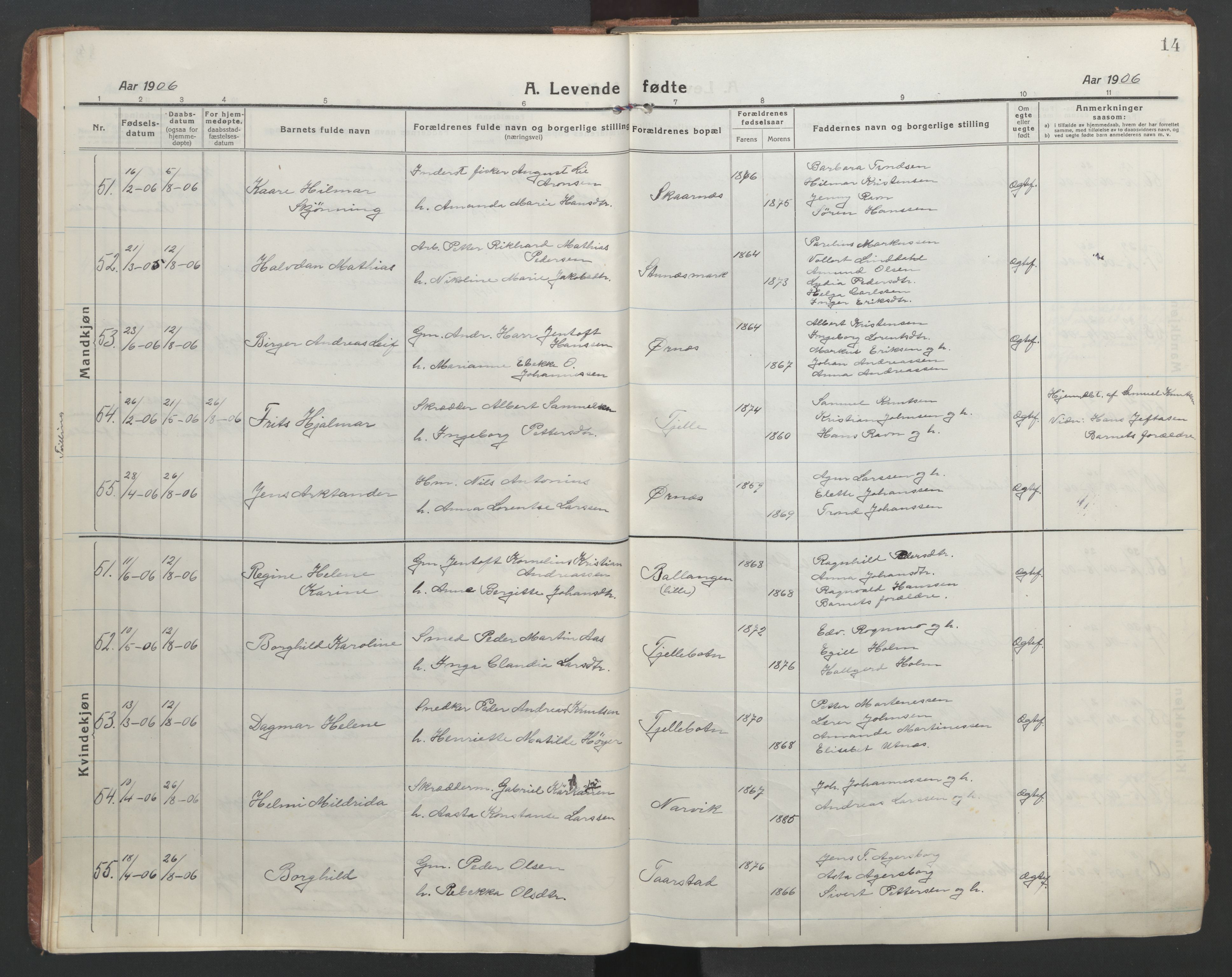 Ministerialprotokoller, klokkerbøker og fødselsregistre - Nordland, AV/SAT-A-1459/863/L0900: Parish register (official) no. 863A12, 1906-1915, p. 14