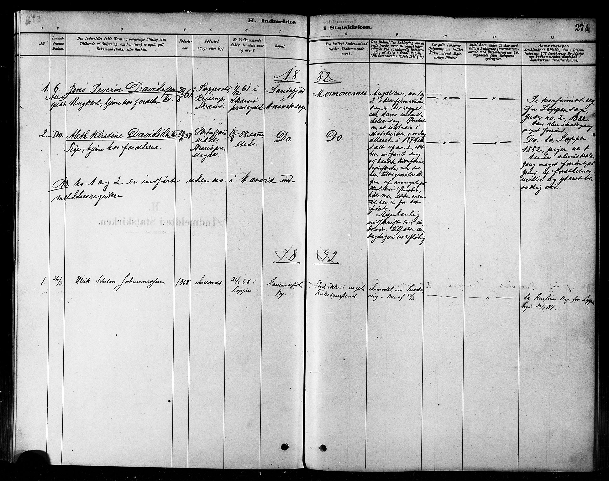 Loppa sokneprestkontor, SATØ/S-1339/H/Ha/L0006kirke: Parish register (official) no. 6, 1879-1895, p. 274