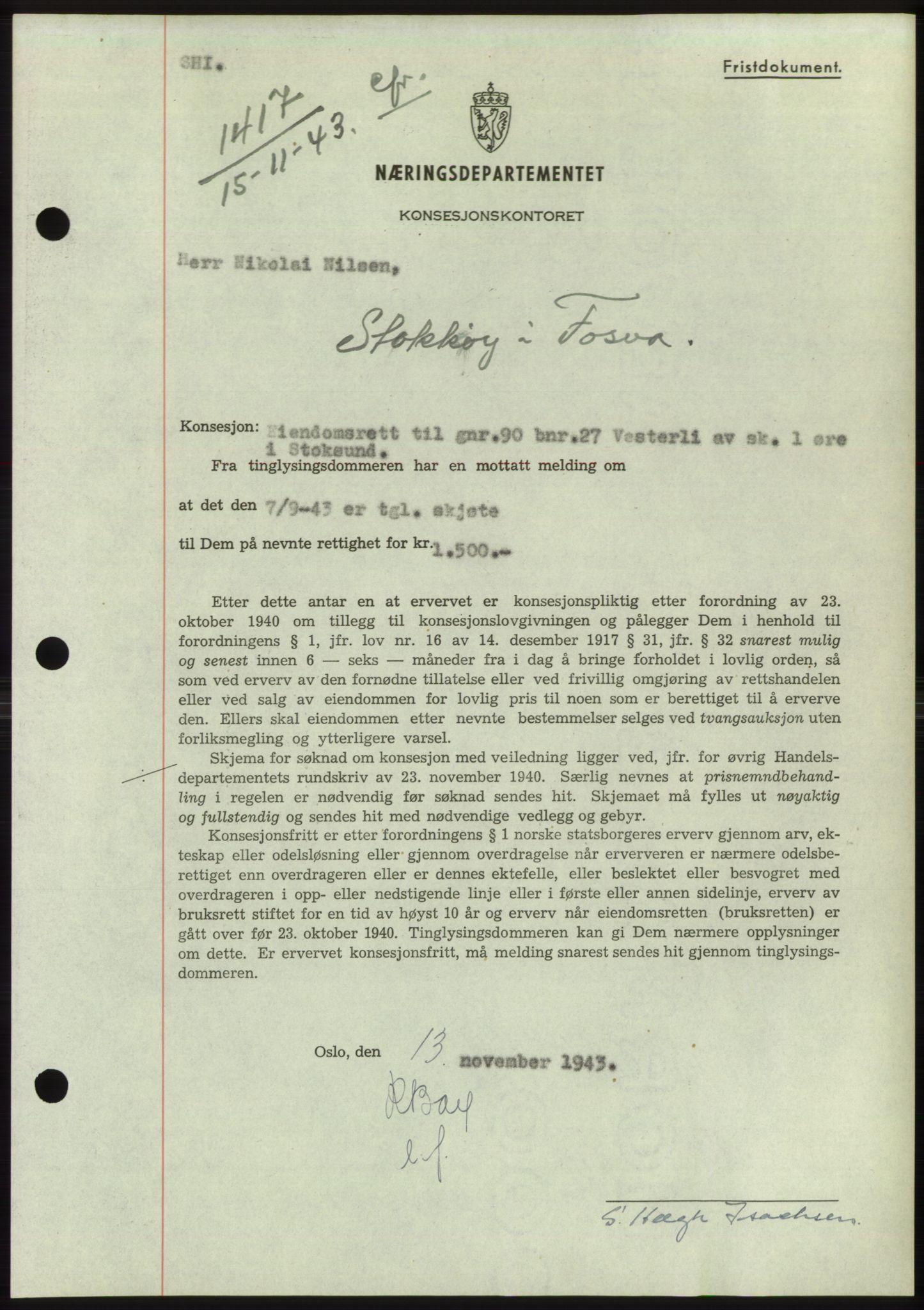 Fosen sorenskriveri, AV/SAT-A-1107/1/2/2C: Mortgage book no. B1, 1943-1946, Diary no: : 1417/1943