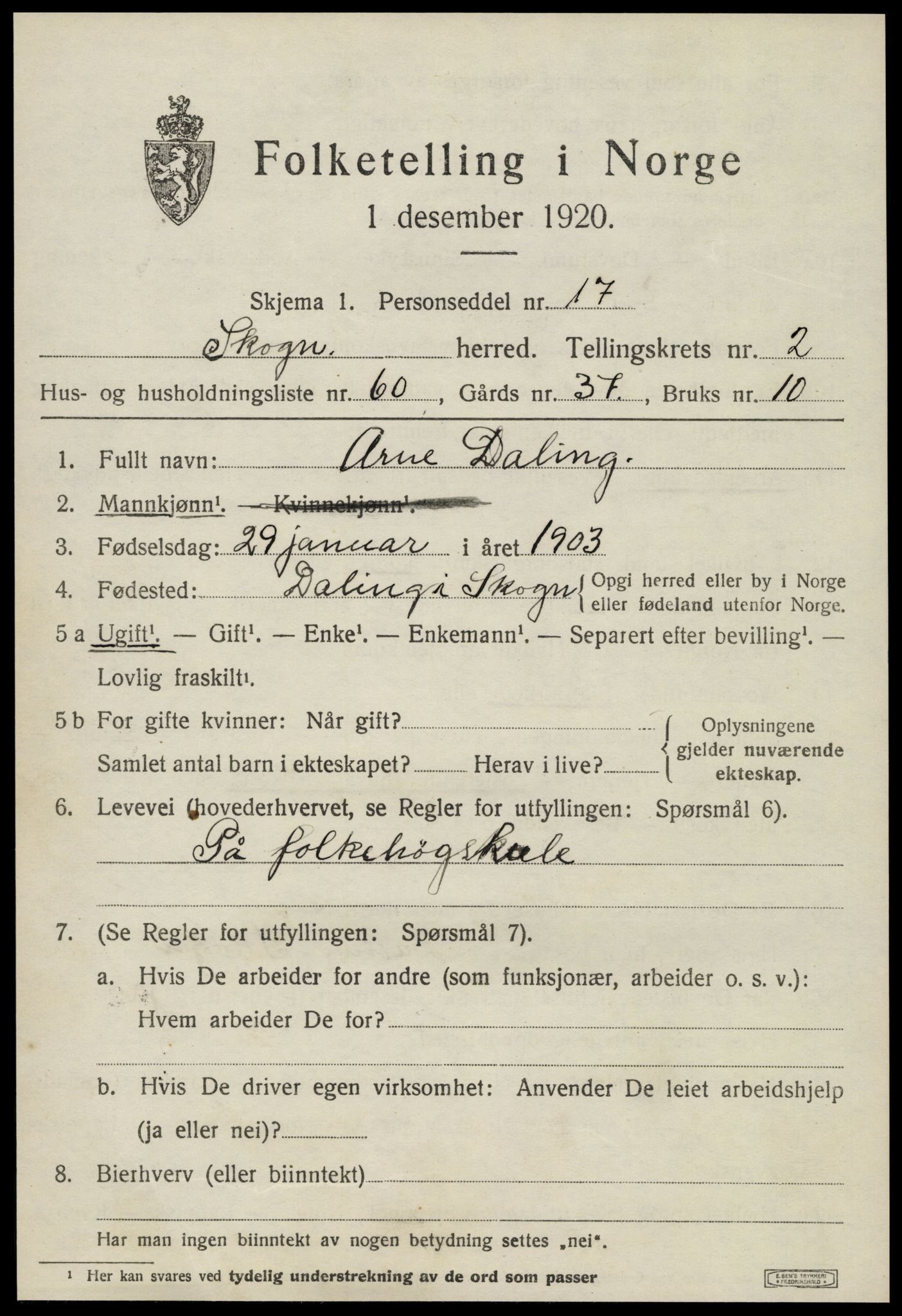 SAT, 1920 census for Skogn, 1920, p. 3679