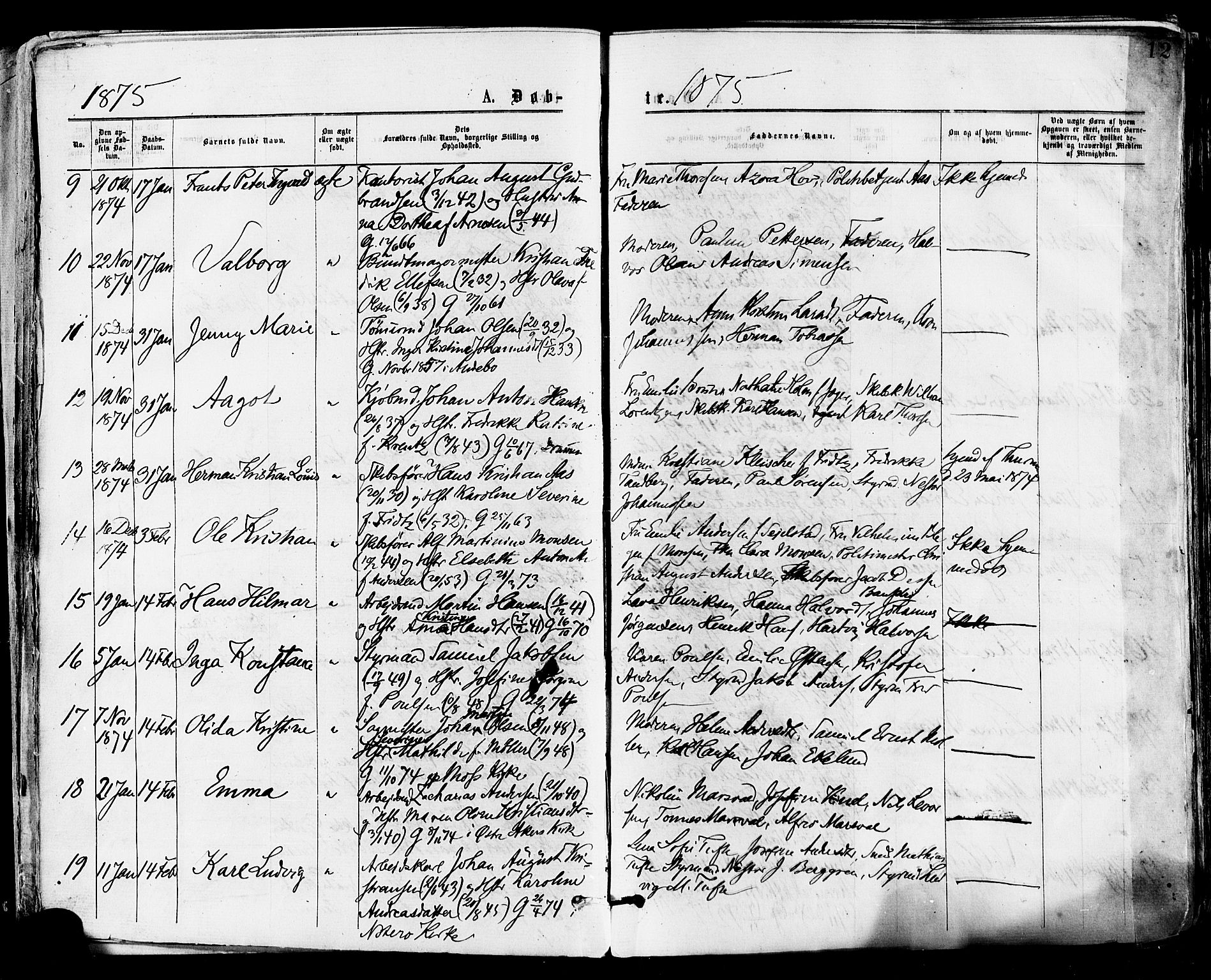 Tønsberg kirkebøker, SAKO/A-330/F/Fa/L0010: Parish register (official) no. I 10, 1874-1880, p. 12