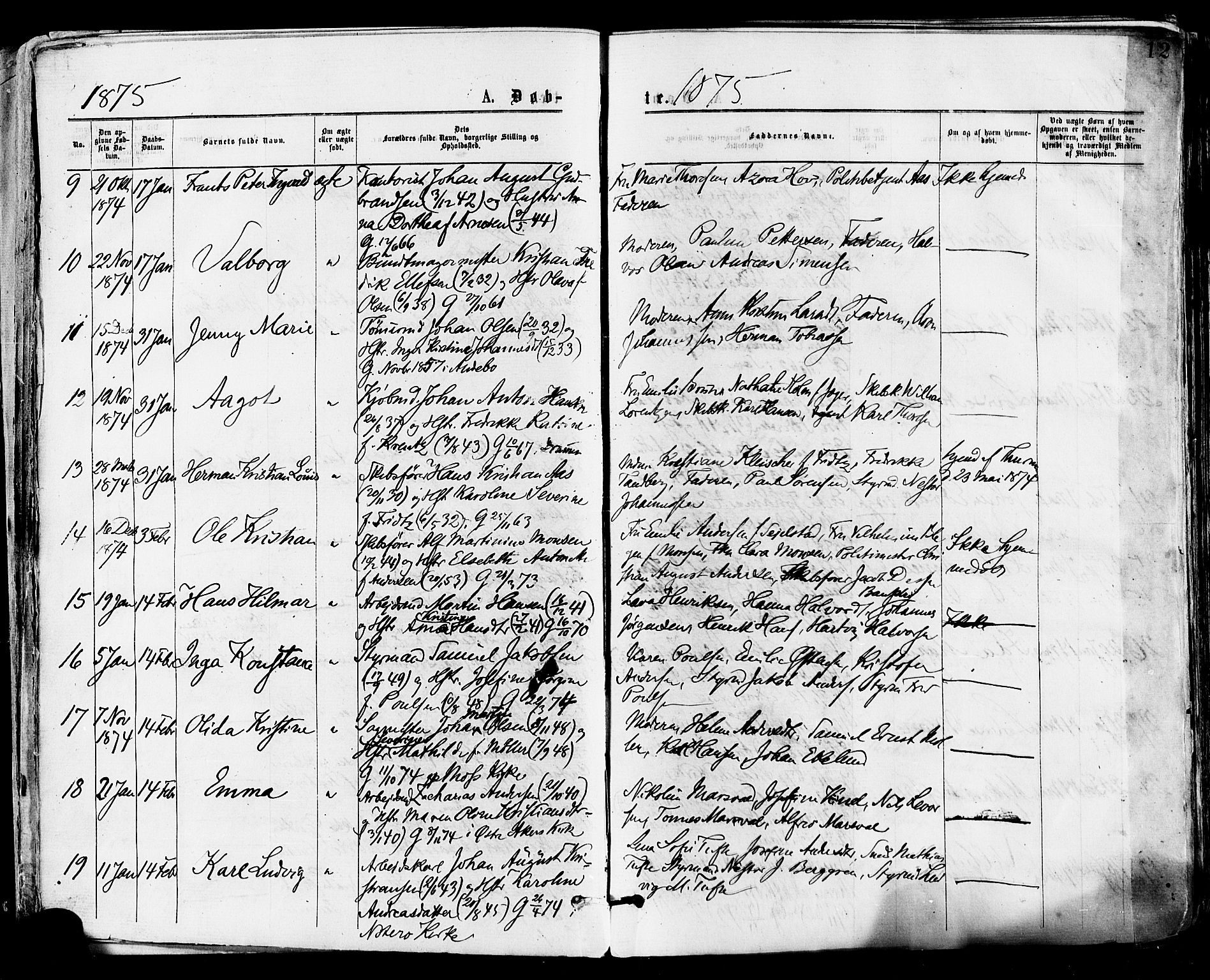 Tønsberg kirkebøker, AV/SAKO-A-330/F/Fa/L0010: Parish register (official) no. I 10, 1874-1880, p. 12