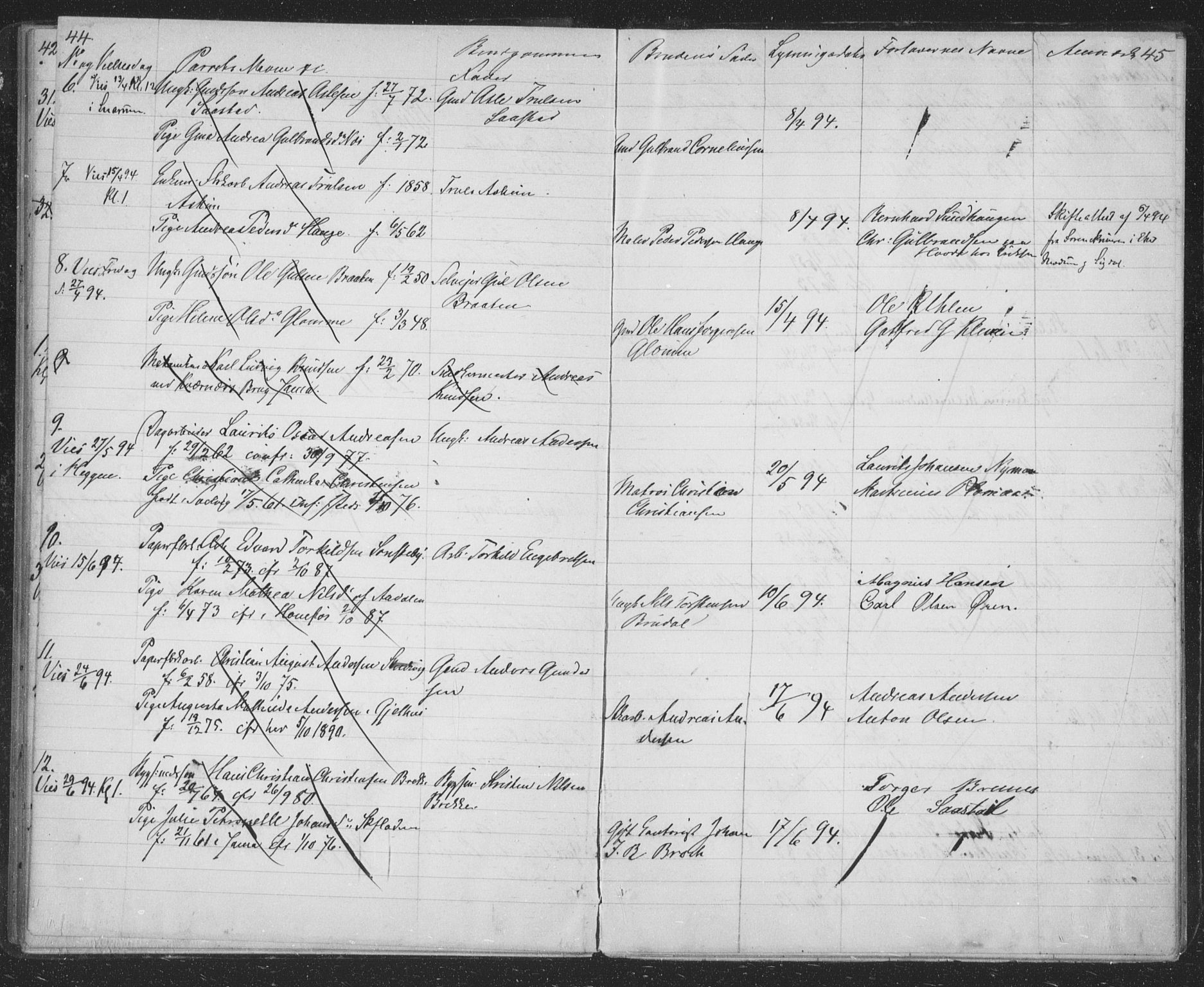 Modum kirkebøker, AV/SAKO-A-234/H/Ha/L0001: Banns register no. I 1, 1891-1903, p. 44-45