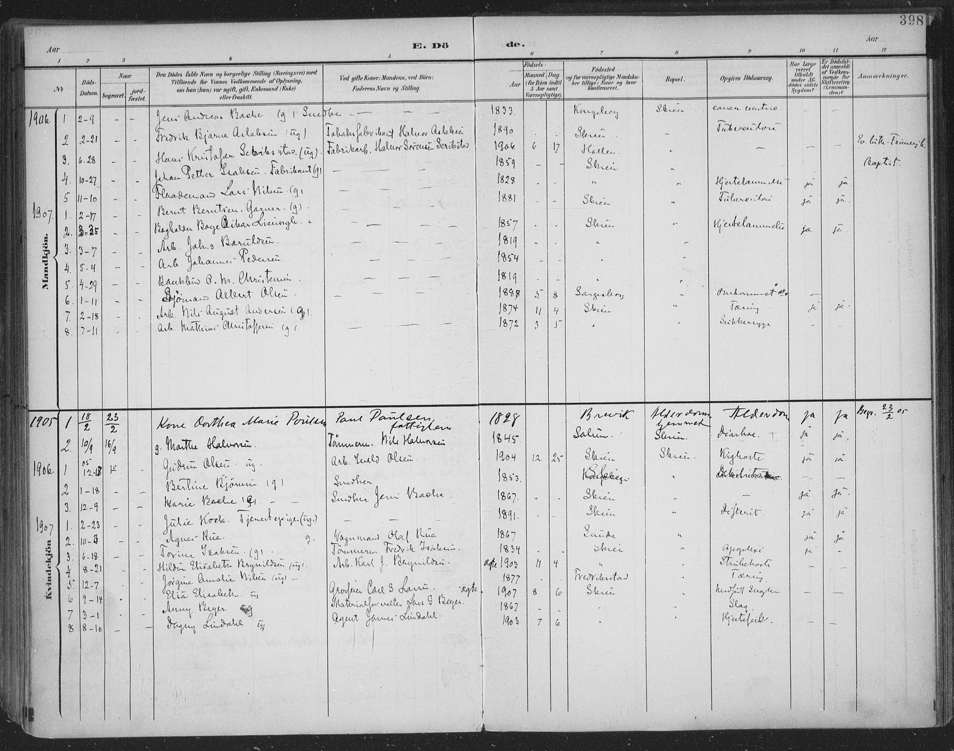 Skien kirkebøker, SAKO/A-302/F/Fa/L0011: Parish register (official) no. 11, 1900-1907, p. 398