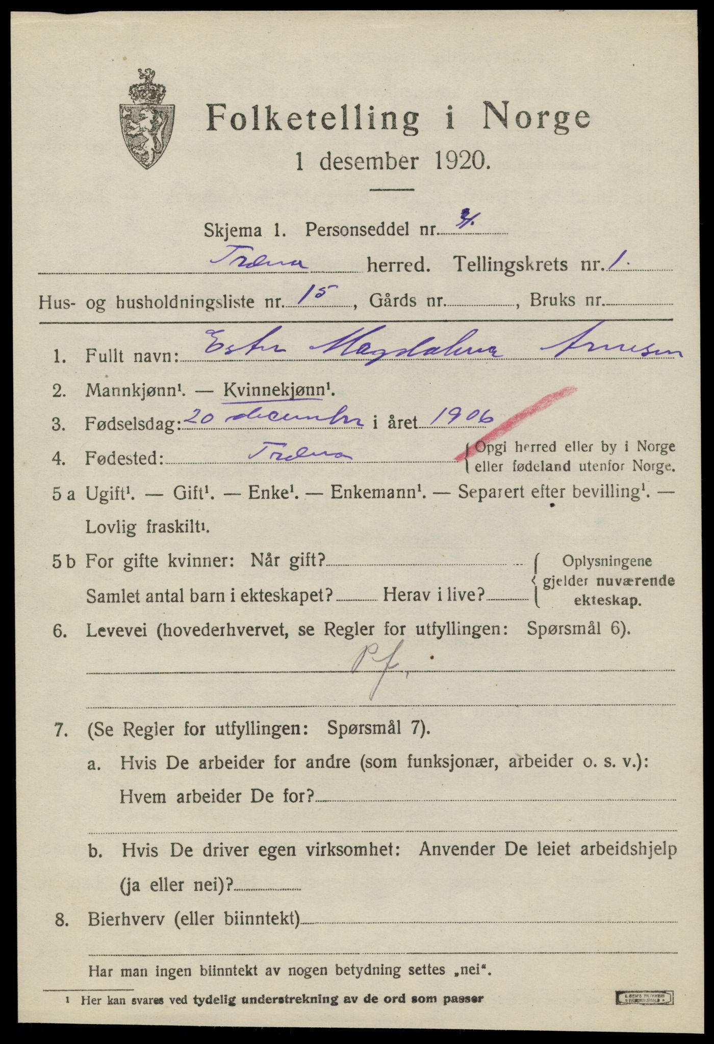 SAT, 1920 census for Træna, 1920, p. 412