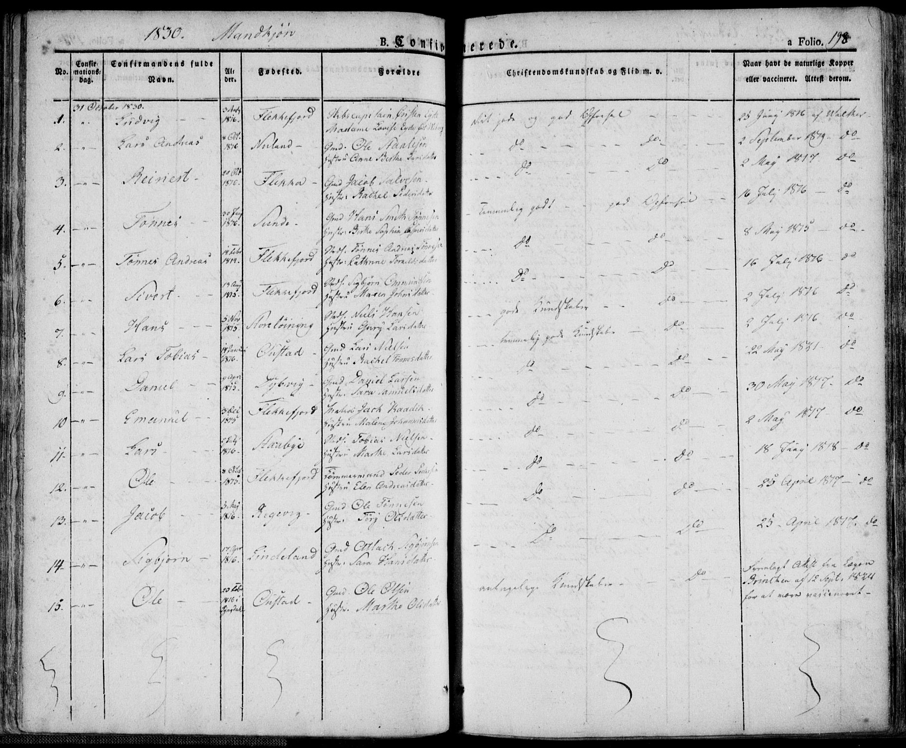 Flekkefjord sokneprestkontor, AV/SAK-1111-0012/F/Fa/Fac/L0003: Parish register (official) no. A 3, 1826-1841, p. 198