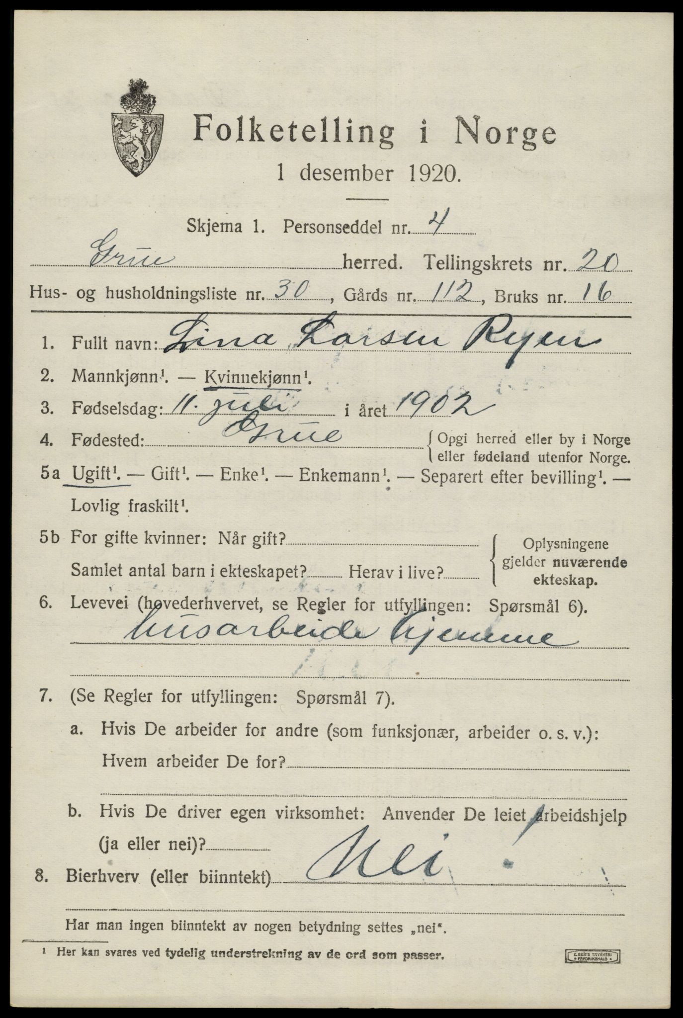 SAH, 1920 census for Grue, 1920, p. 15279