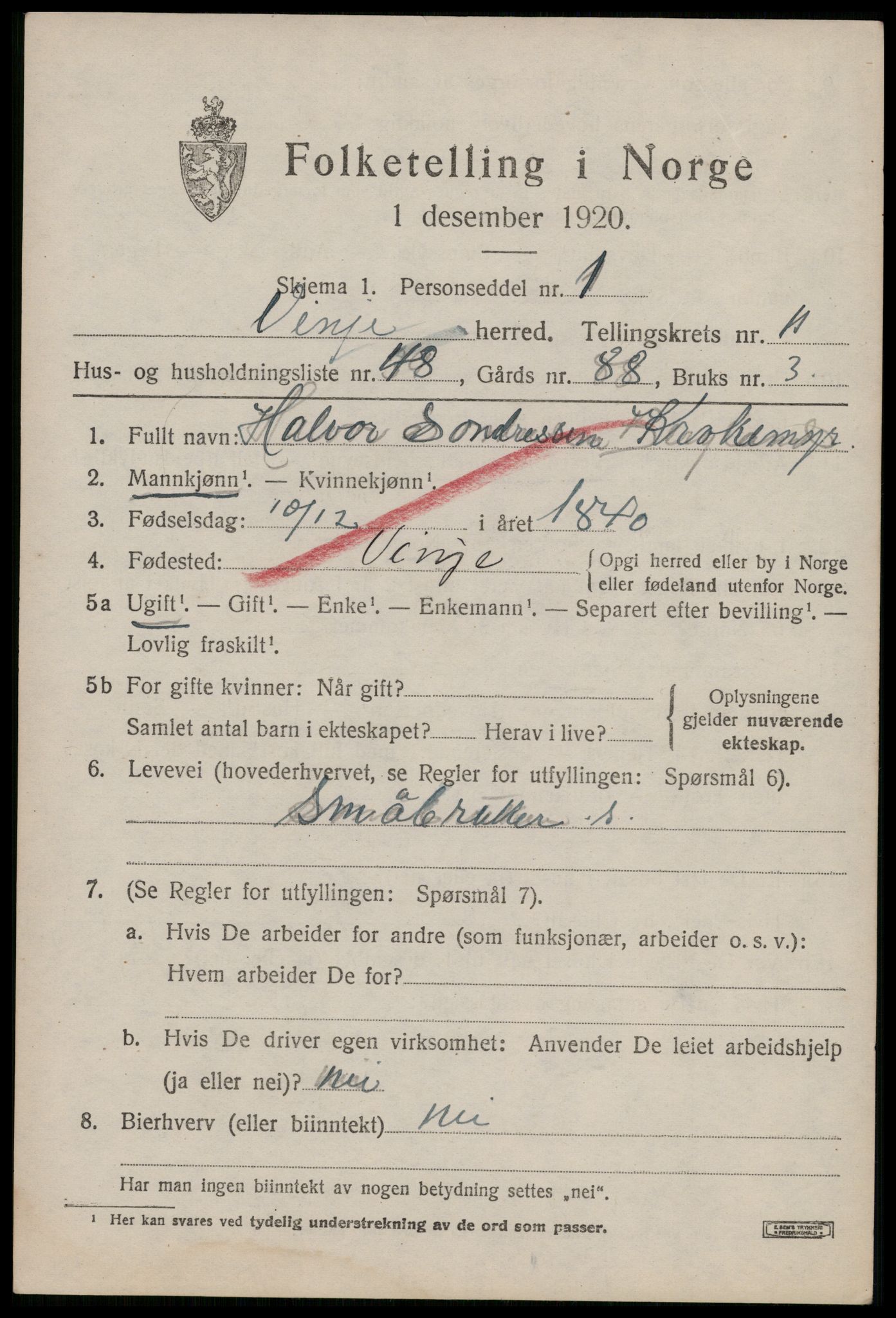 SAKO, 1920 census for Vinje, 1920, p. 3883