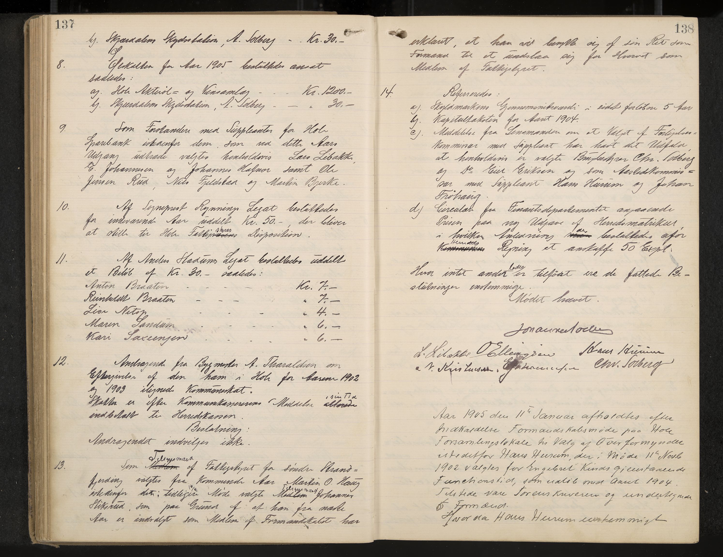 Hole formannskap og sentraladministrasjon, IKAK/0612021-1/A/Aa/L0004: Møtebok med register, 1902-1910, p. 137-138