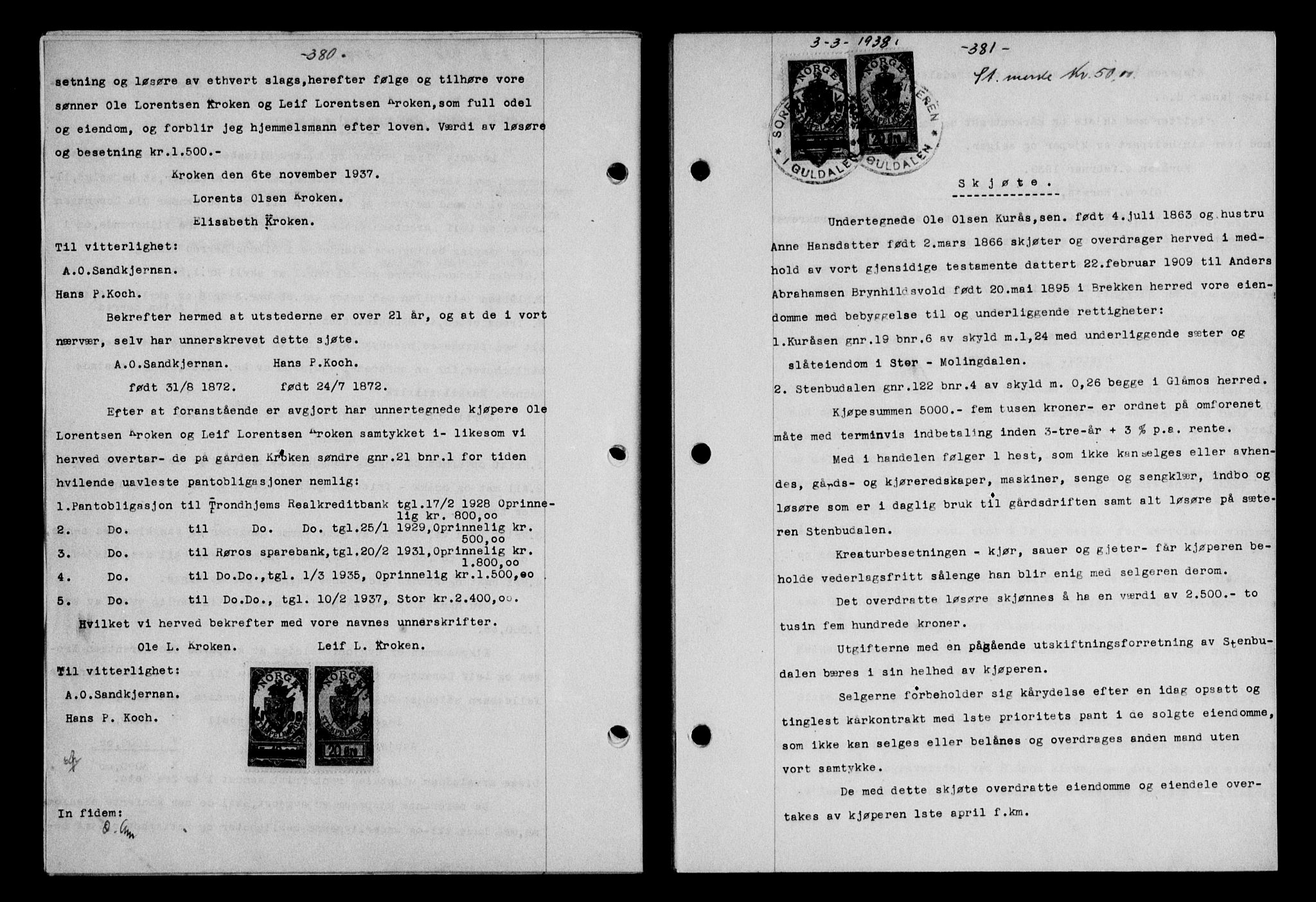 Gauldal sorenskriveri, SAT/A-0014/1/2/2C/L0048: Mortgage book no. 51-52, 1937-1938, p. 380, Diary no: : 302/1938