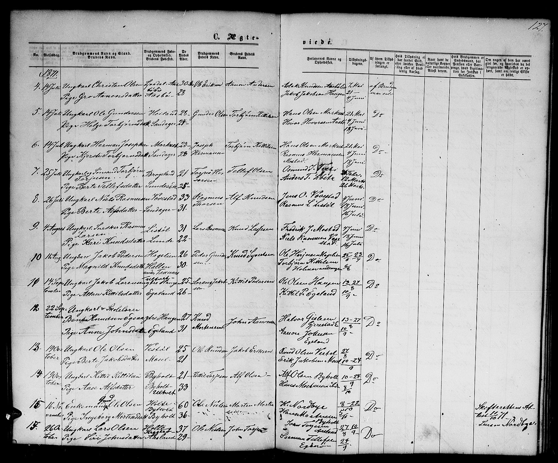 Gjerstad sokneprestkontor, SAK/1111-0014/F/Fb/Fba/L0006: Parish register (copy) no. B 6, 1868-1890, p. 127