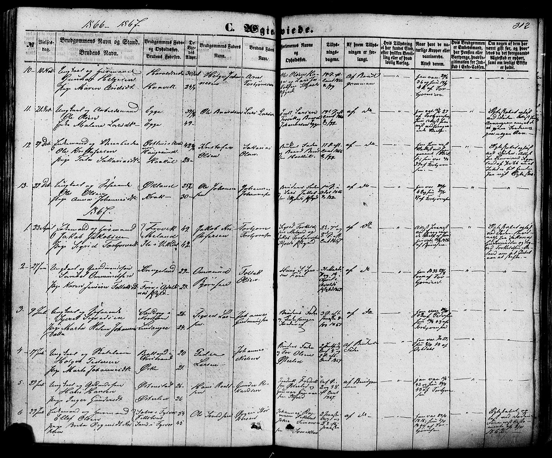 Skjold sokneprestkontor, AV/SAST-A-101847/H/Ha/Haa/L0008: Parish register (official) no. A 8, 1856-1882, p. 312